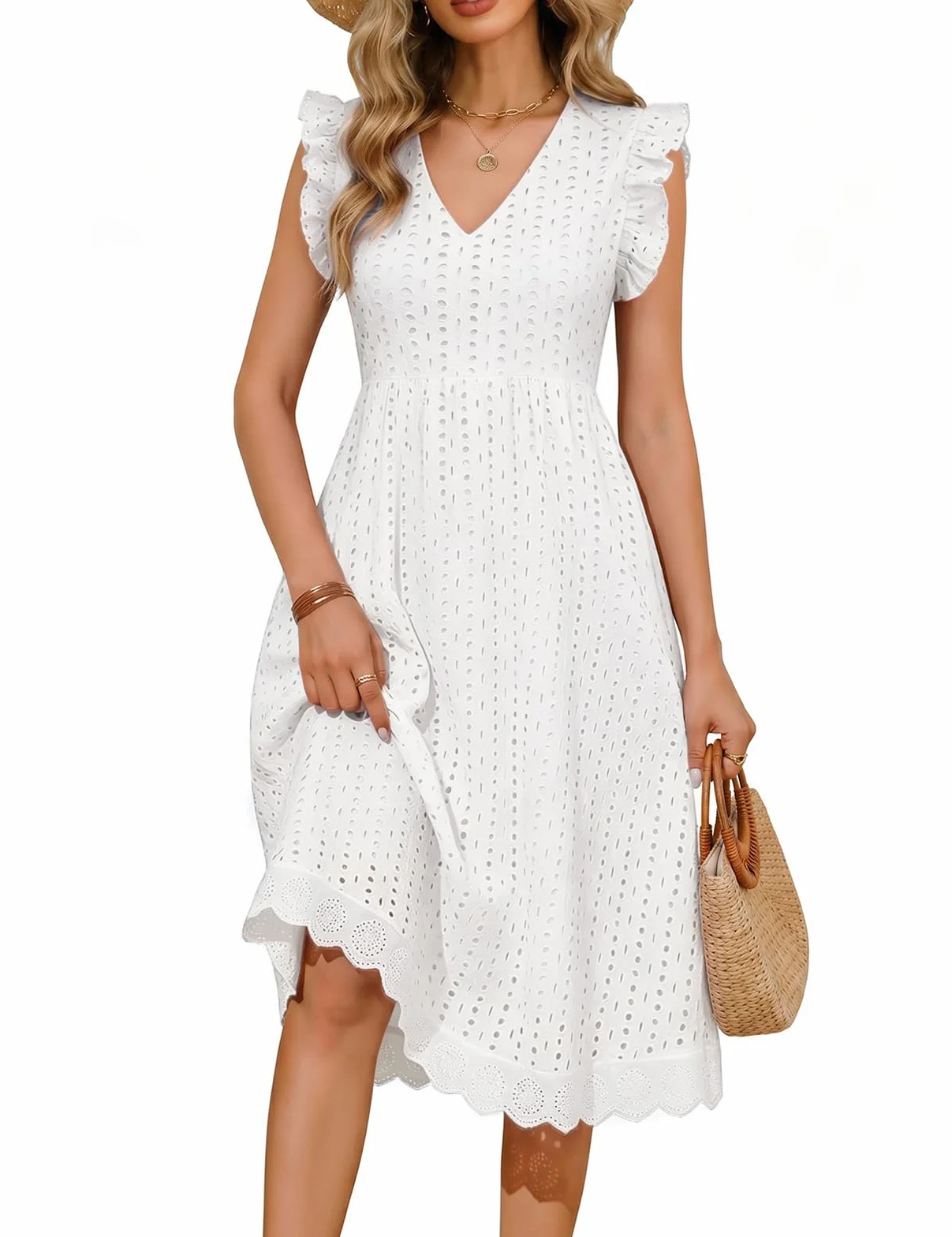 Vestido Largo Mujer Verano Casual Cuello V Manga Volante Cintura Alta A-Line Bolsillos