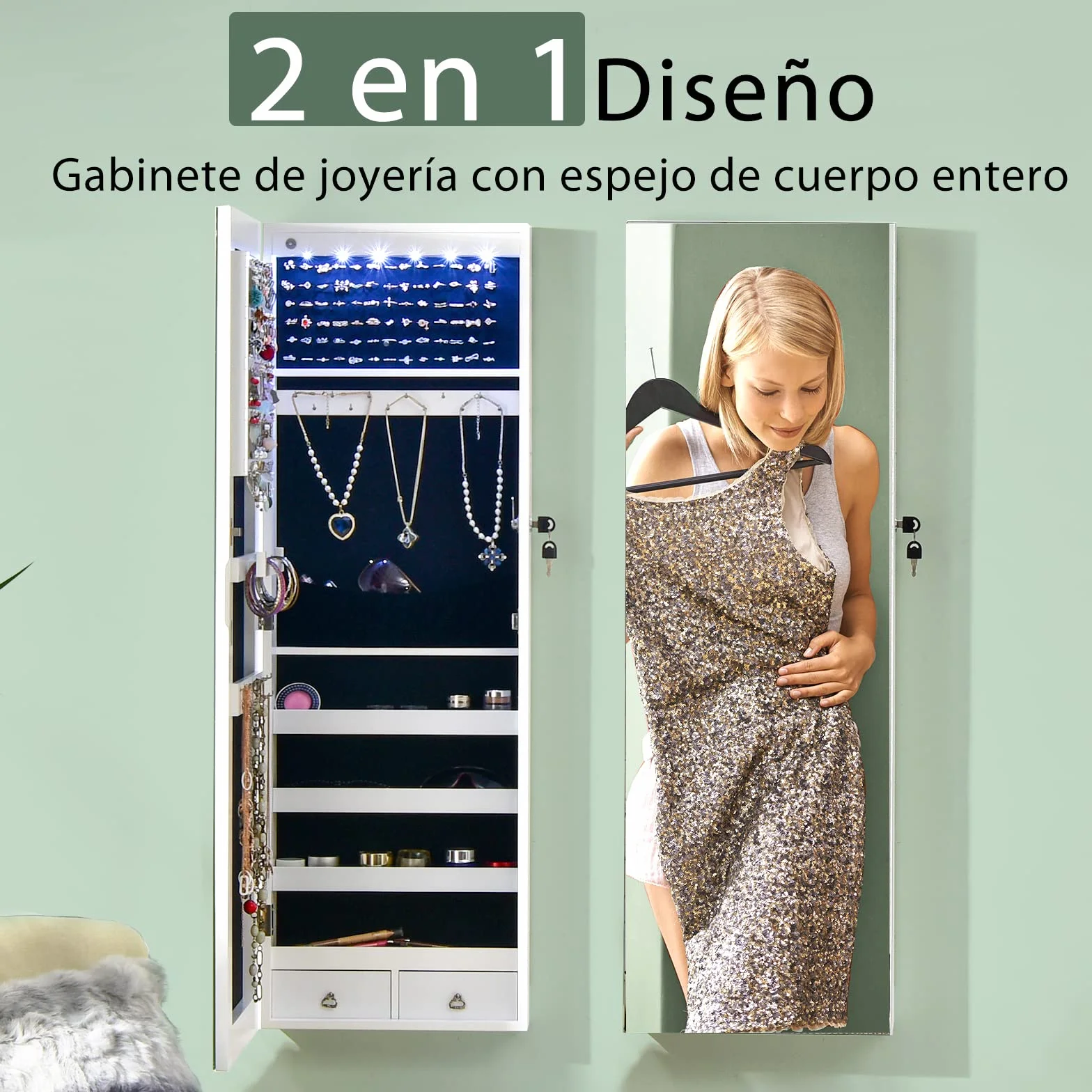 COSTWAY Armario con Espejo Joyero, Puerta LED y 2 Cajones, Cuerpo Entero para Dormitorio (Blanco)