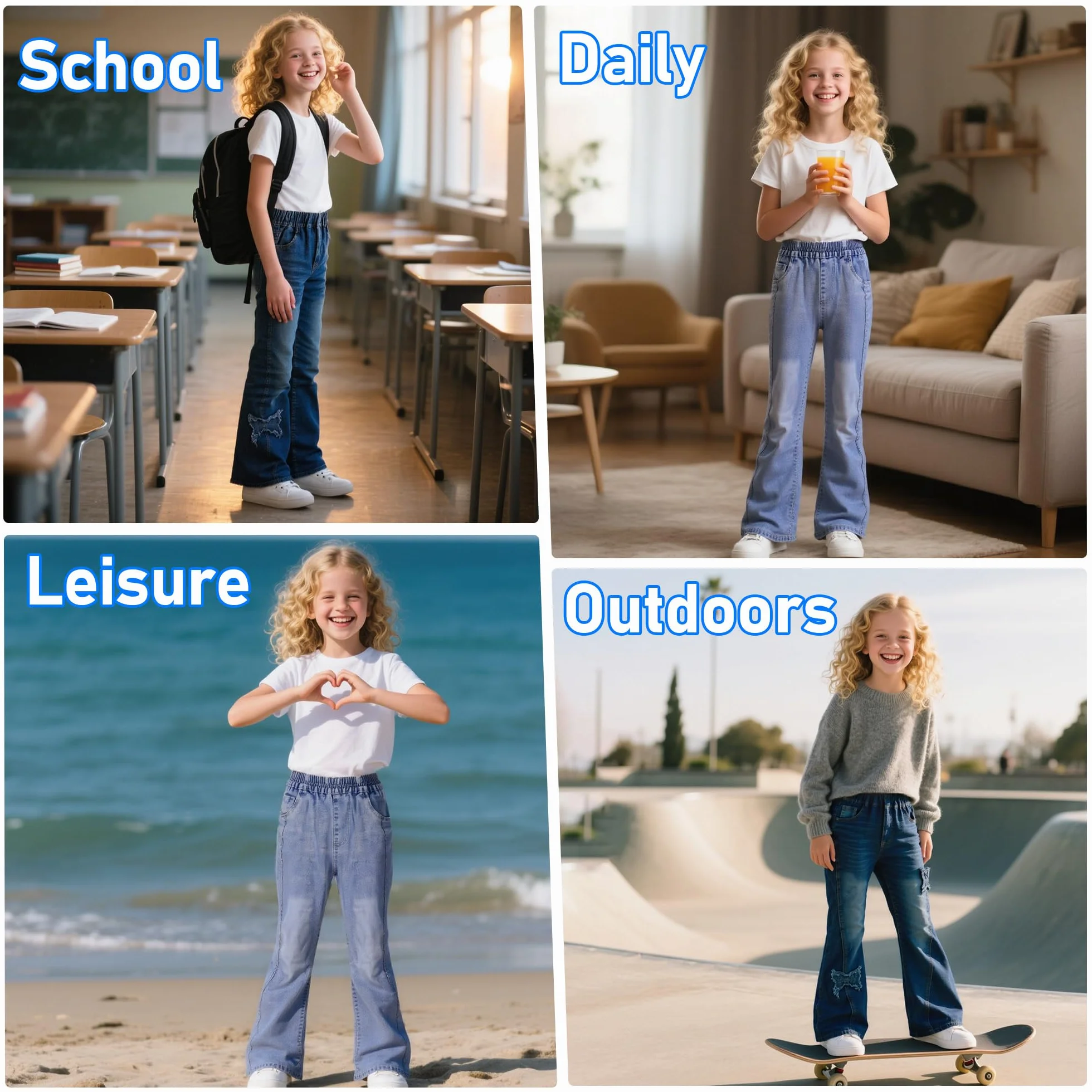 Vaqueros para Niñas, Baggy Cintura Elástica Denim Jeans Pierna Ancha Pantalones Azul Largo Jean con Bolsillos Casuales Moda Streetwear Junior Ropa Infantil Pants para 6-15 años