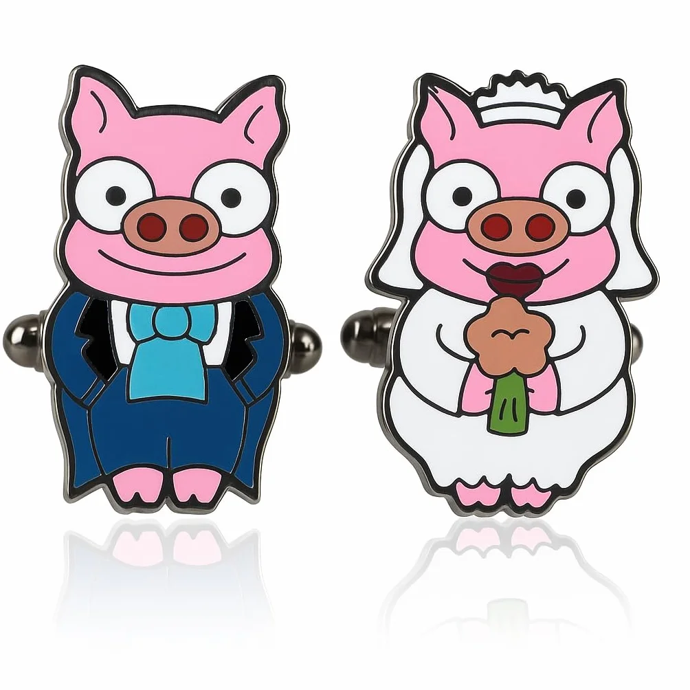 Gemelos de Cerditos Novio y Novia para Camisa Formal | Diseño divertido de pareja de cerdos para bodas, eventos formales, celebraciones, trajes y camisas elegantes