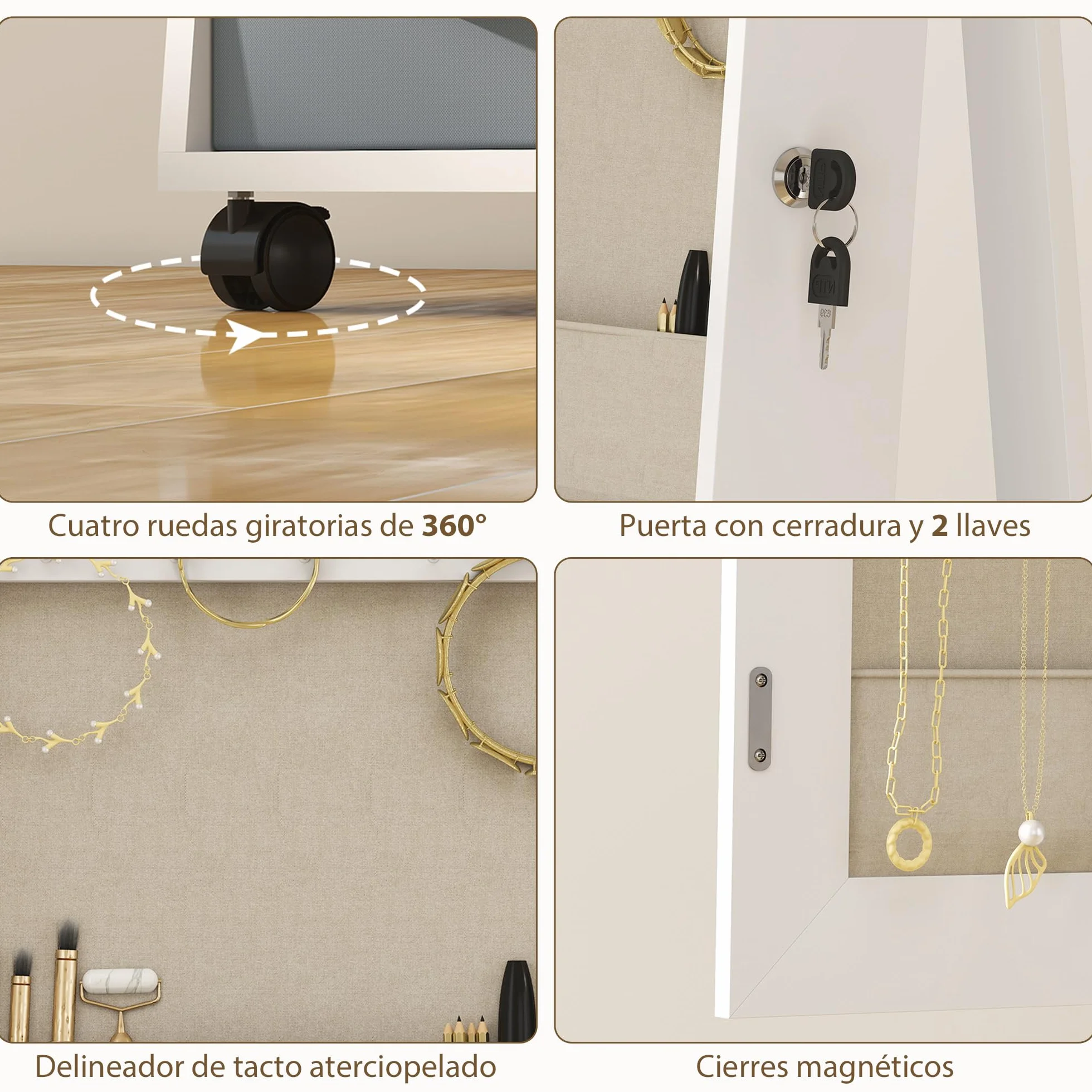 HOMCOM Espejo Joyero con Luces LED Interior, Armario para Joyas con Ruedas, Armario Joyero con Espejo Entero, Giratorio de 360°, Estantes Abiertos, Cajones de Tela, Blanco y Forro Crema