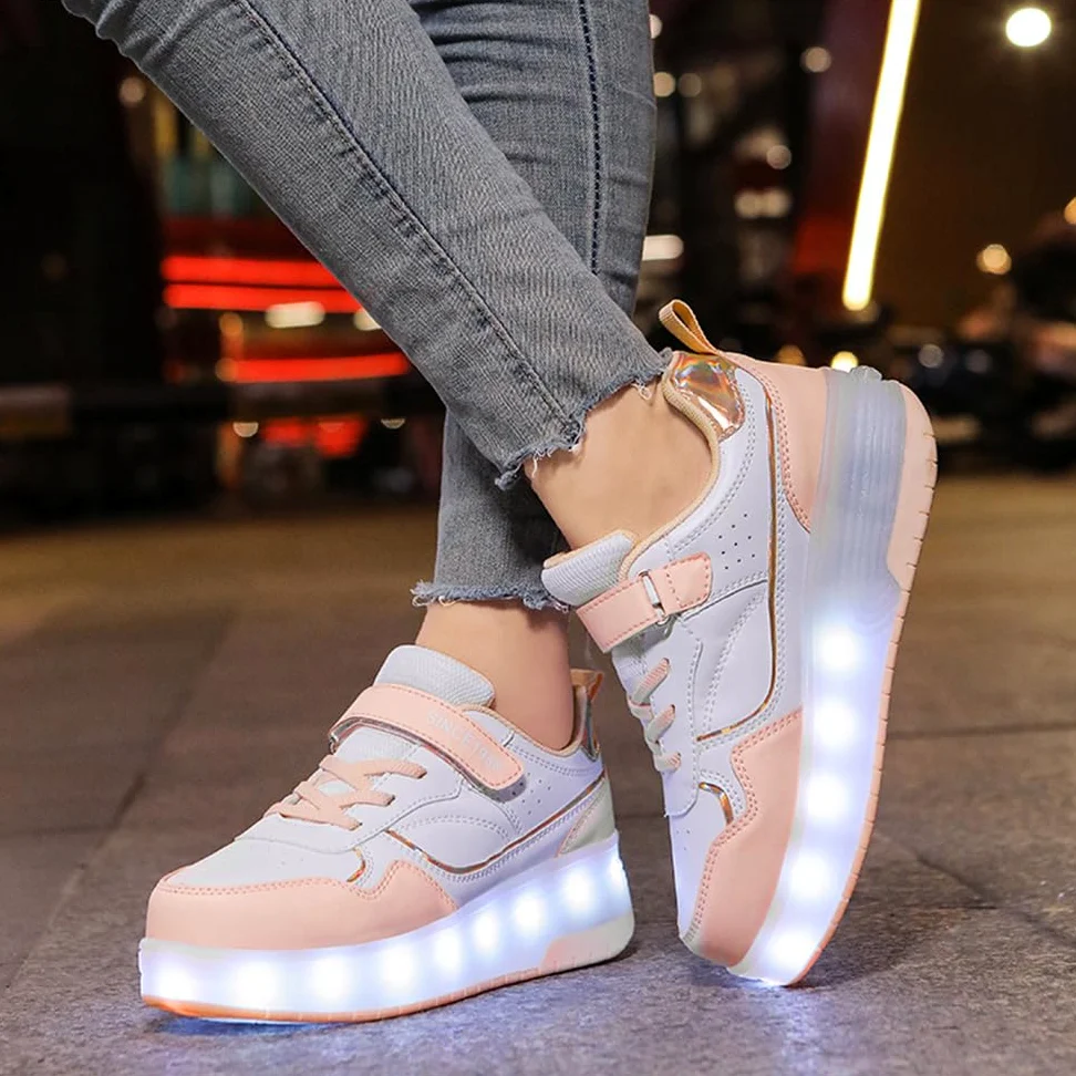 Hixingo Zapatillas con Ruedas Niño Niña, Blanco Zapatos con Dos Ruedas para Niñas 2 en 1 Zapatillas Patines Zapatillas Ruedas Niño, Zapatos Patines Calzado de Skateboarding Multifuncionales