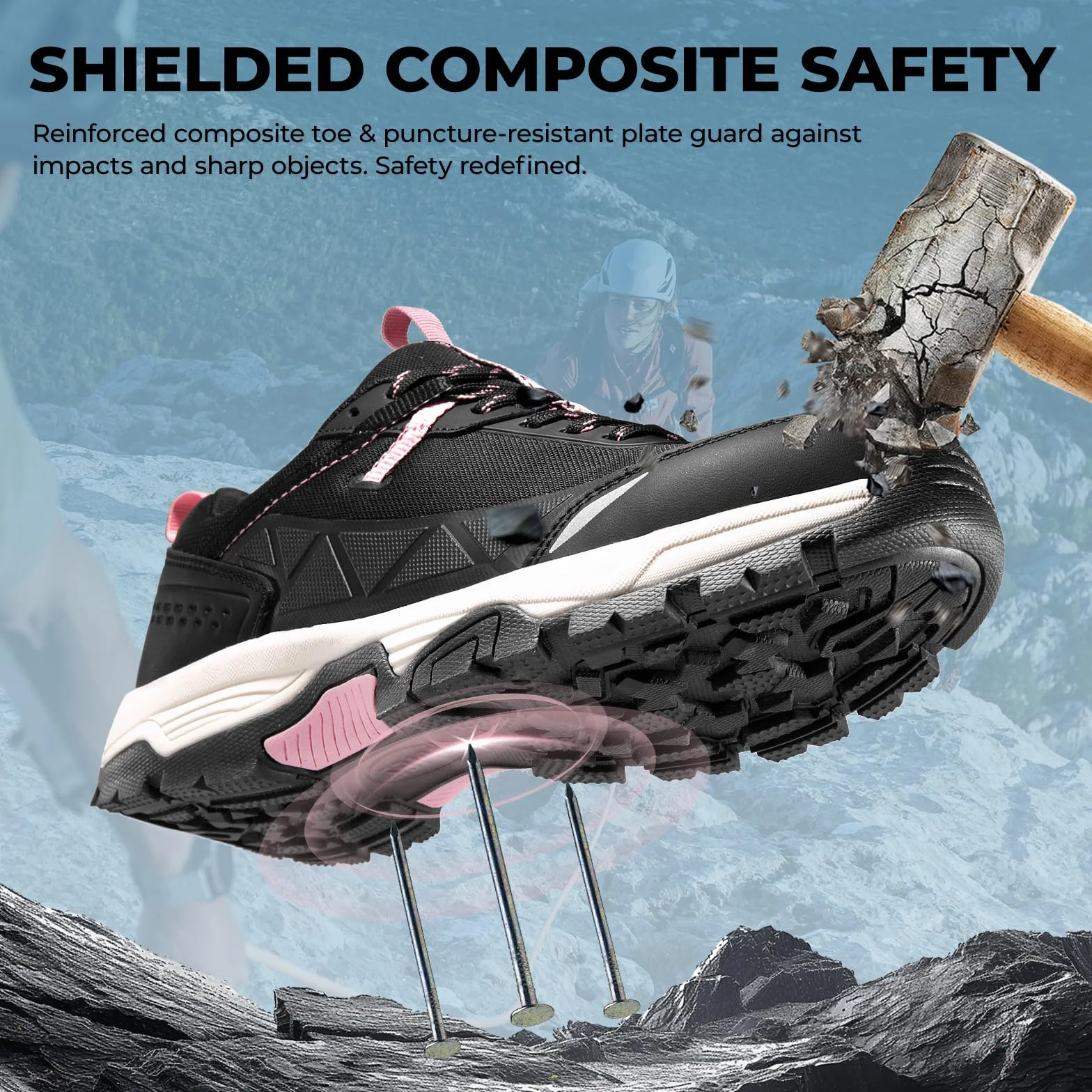 Spiez Zapatos de Seguridad para Mujer Ligeros con Punta Compuesta Transpirable, Negro Rosa EU35-41