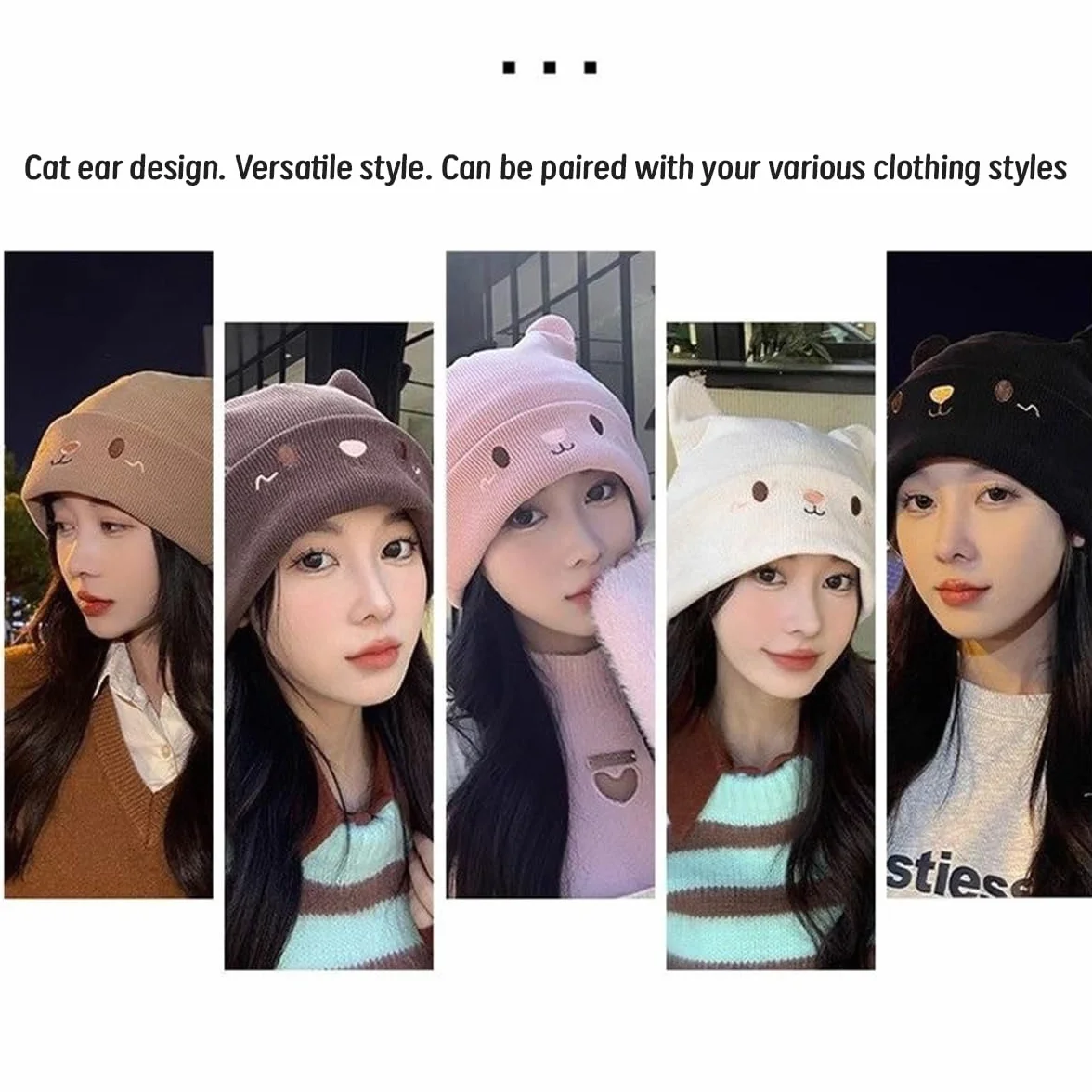 Gorros de punto para mujer de invierno forro polar, gorro fino hombre diseño orejas gato, 54-59 cm