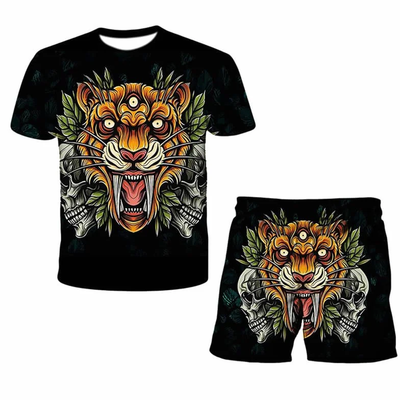 Chándal de Verano Secado Rápido Estampado 3D León Hombre Conjunto Camiseta Pantalón Corto