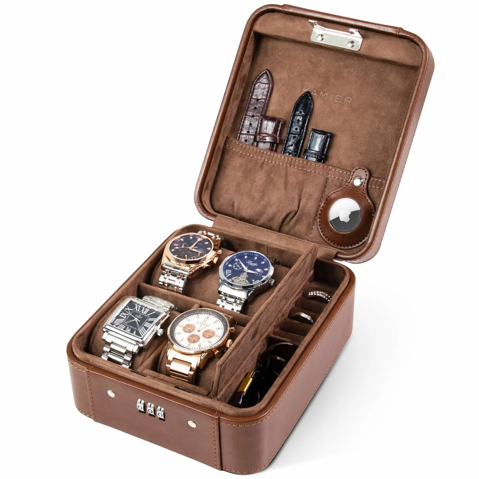KAMIER Caja de reloj con cerradura de combinación, almacenamiento de 4 relojes y organizador de joyas, estuche de viaje para almacenamiento de anillos y relojes, funda de reloj de viaje de piel