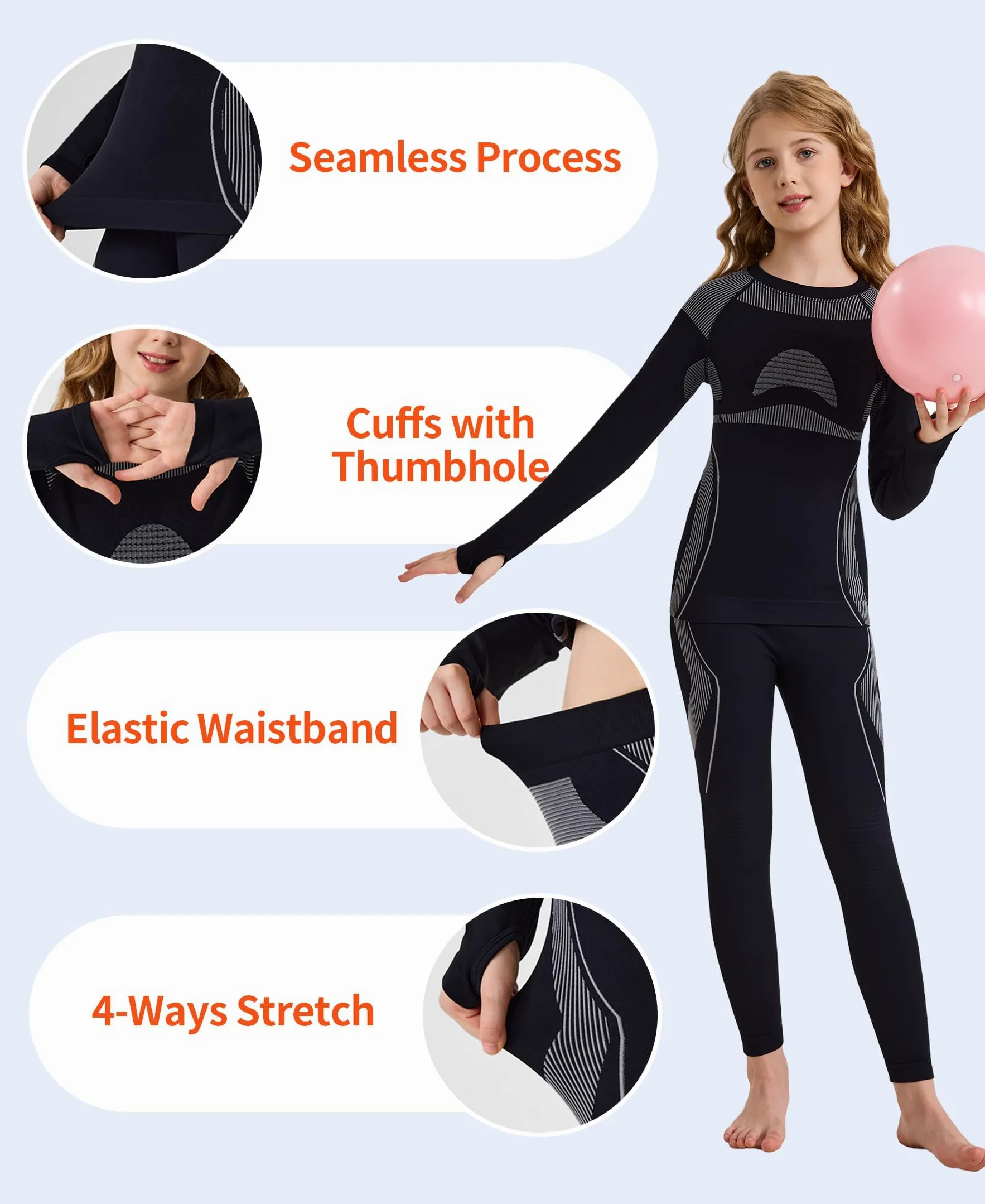 beautyin Ropa interior térmica sin costuras para niños, atlética, capa base larga, para niñas y niños, con agujero para el pulgar
