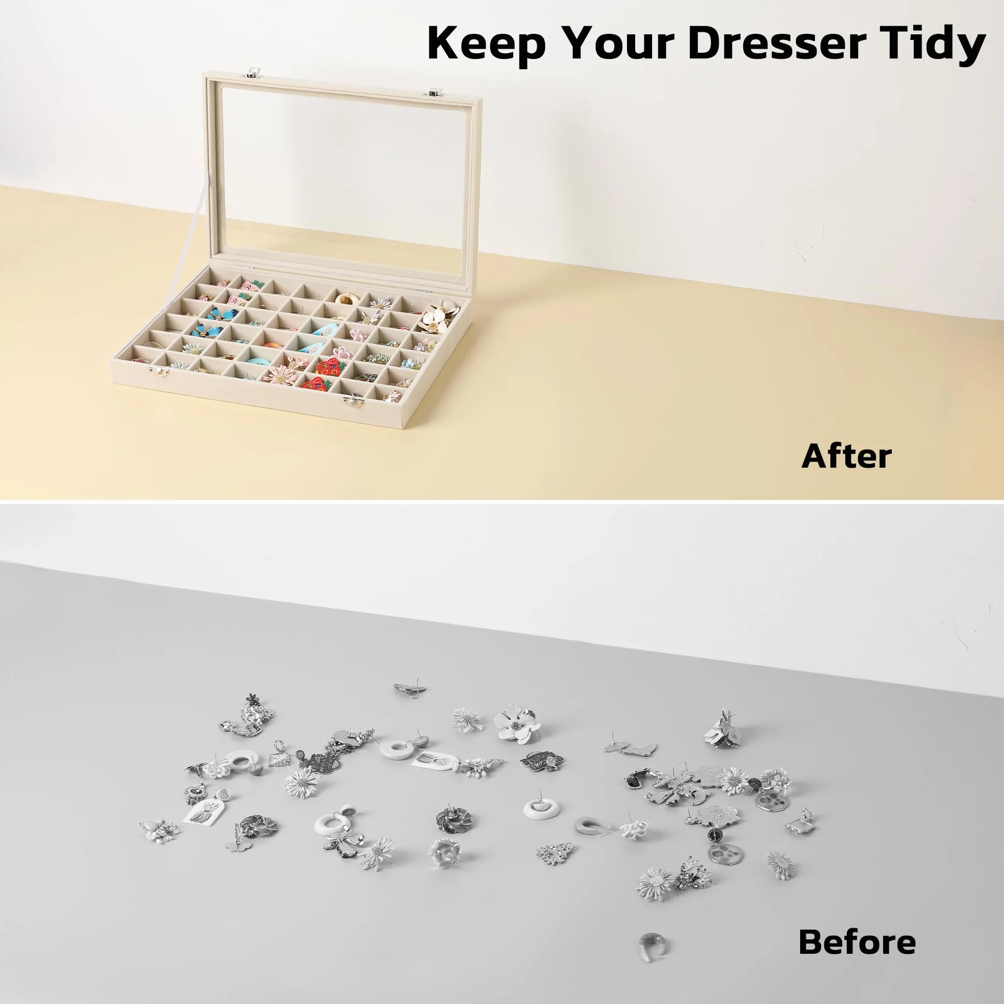 Frebeauty Bandeja para joyas con 48 compartimentos, soporte ajustable para pendientes con tapa de cristal, cajón de terciopelo, organizador de joyas para anillos (Beige)
