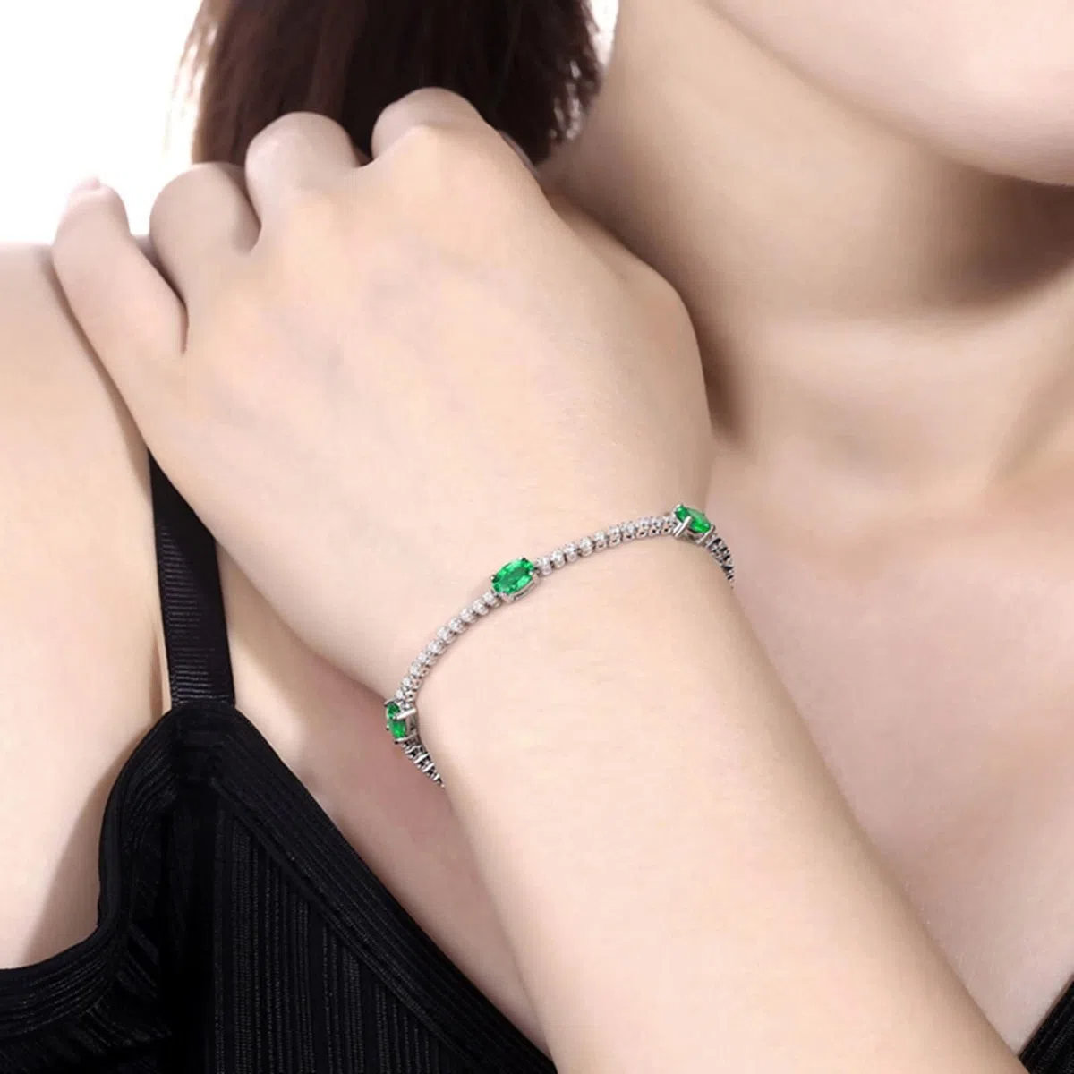 Pulsera Mujer de Oro Blanco 9Kilates / 14Kilates / 18Kilates, Oval con Esmeralda y Diamante, Cadena 16 CM, Pulsera para Mujer de Plata Verde