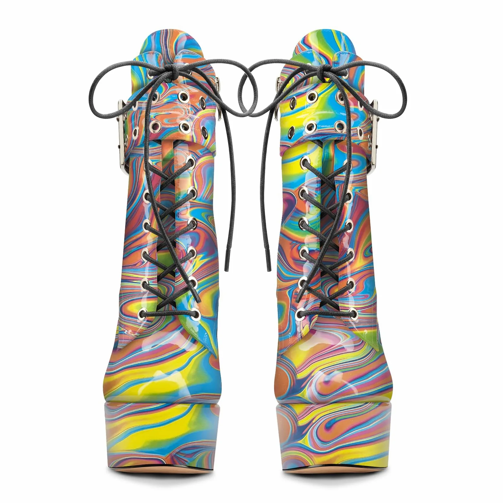 Aachcol Mujer Aguja Alto High Heel Plataforma Botines Redonda Punta Cordones Cremallera Caña Media Cierre con Hebilla Dress Botas