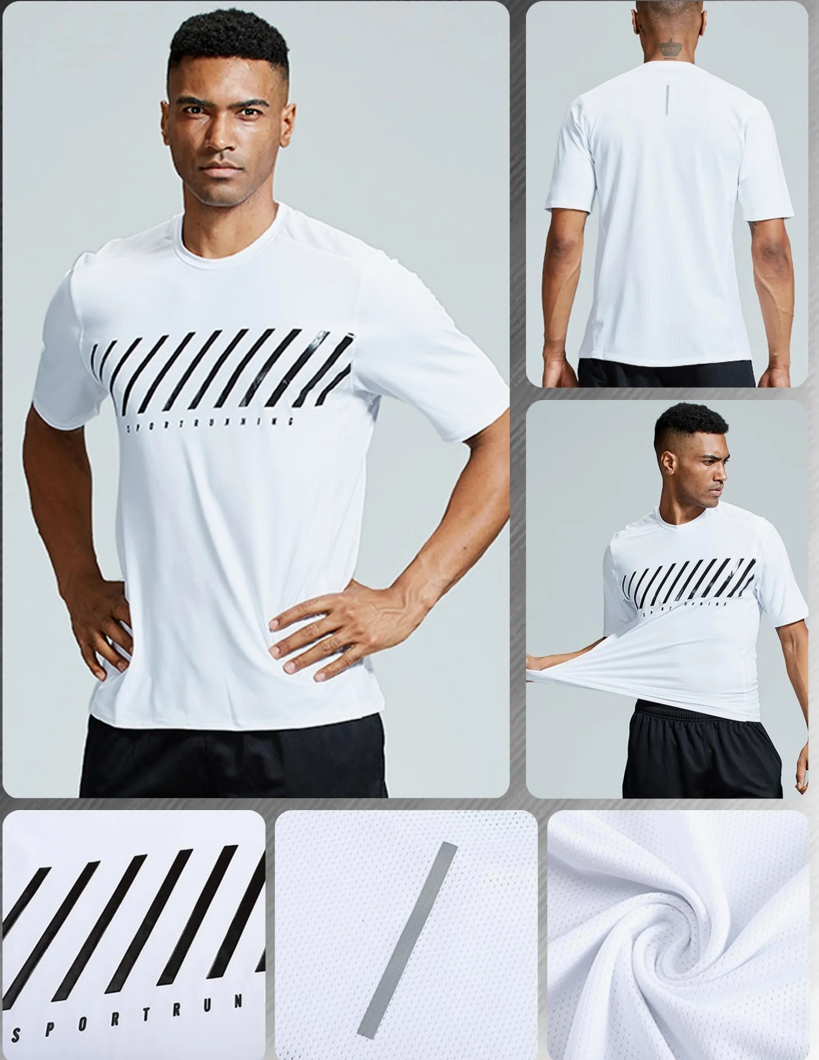 Pack de 5 camisetas de cuello redondo y manga corta para hombre, de secado rápido, para correr, gimnasio o entrenamiento, Blanco, Large