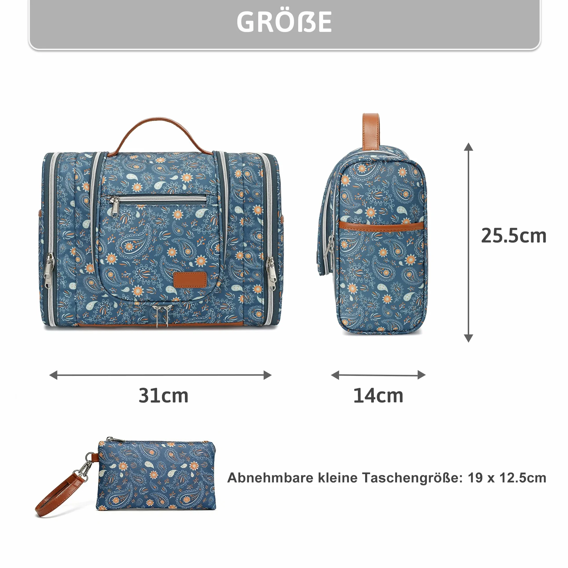 Pearl Angeli Neceser grande para mujer, neceser para colgar, A4-azul Paisley Flores, Neceser | Neceser de viaje grande bolsa de aseo organizador de maquillaje con gancho y asa, bolsa impermeable