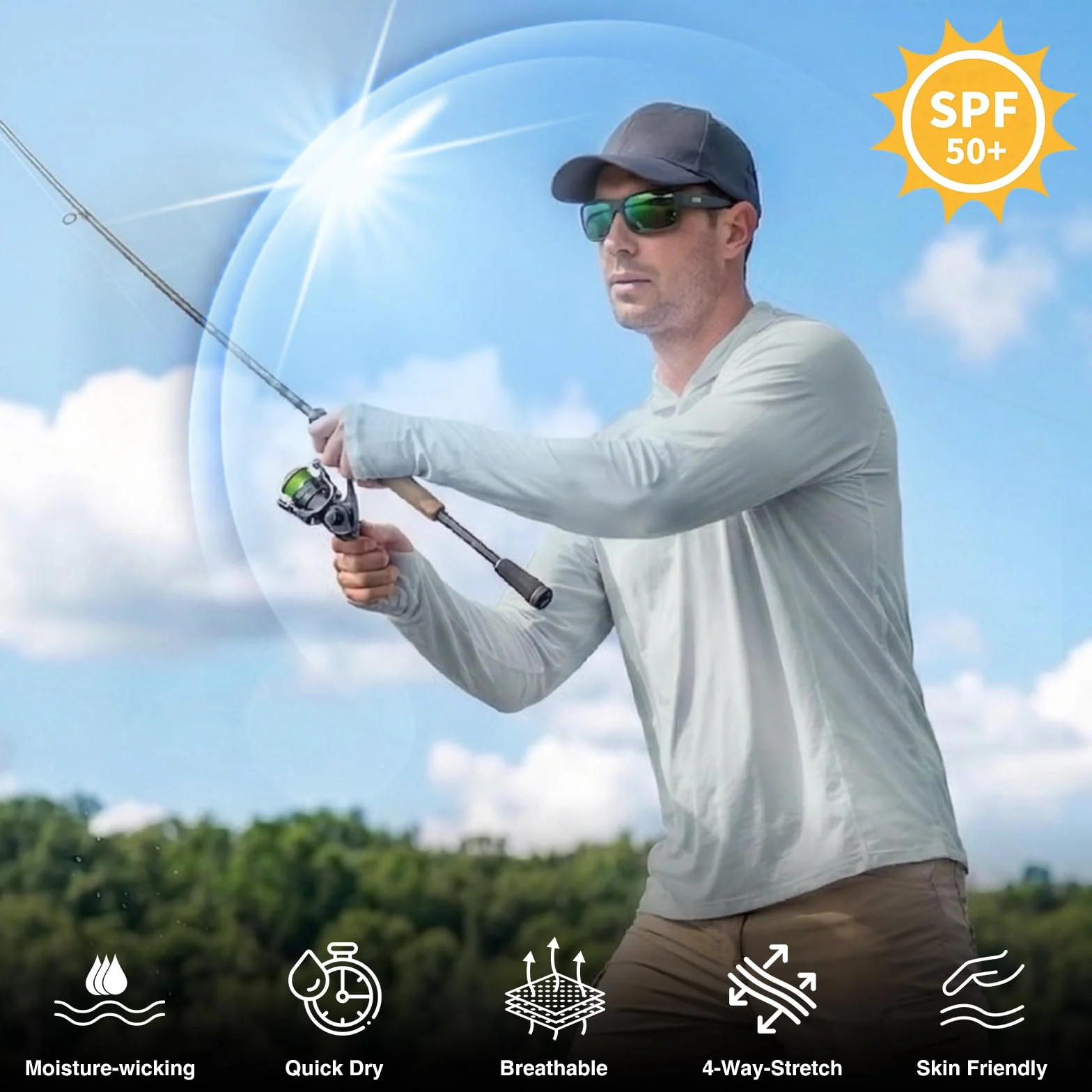 HYCOPROT Camiseta UV Hombre Camisa de Manga Larga con Capucha UPF 50+ Protección Solar Camisetas Secado Deportivas Rashguard Rápido Transpirable Rash Guard para Exteriores Natación Pesca Verano