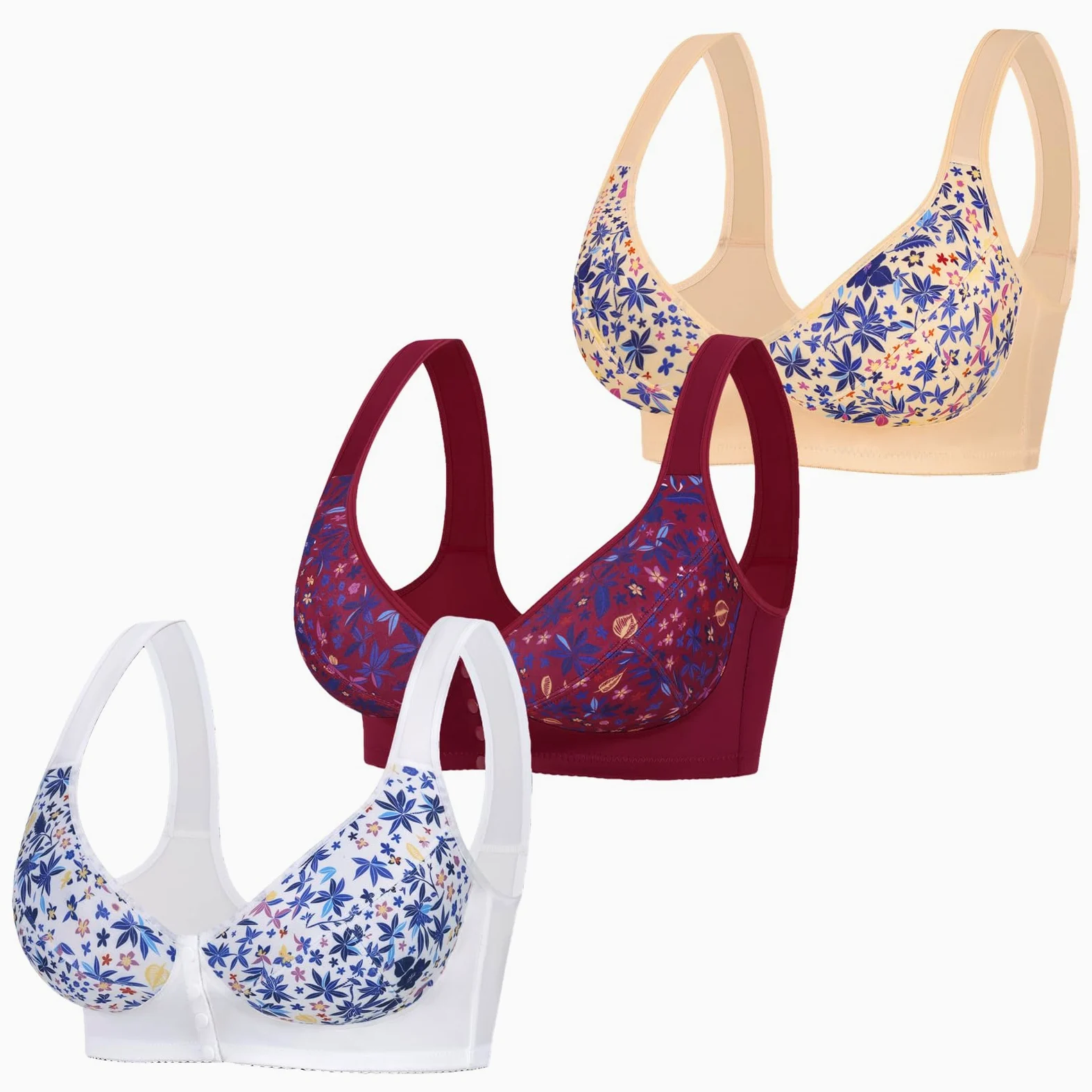 Sujetador Cierre Delantero Sin Aros para Mujer Pack De 3 Sostenes De Mujer Talla Grande Espalda Ancha Sujetadores Comodos Ropa Interior Estampado Floral para Dormir