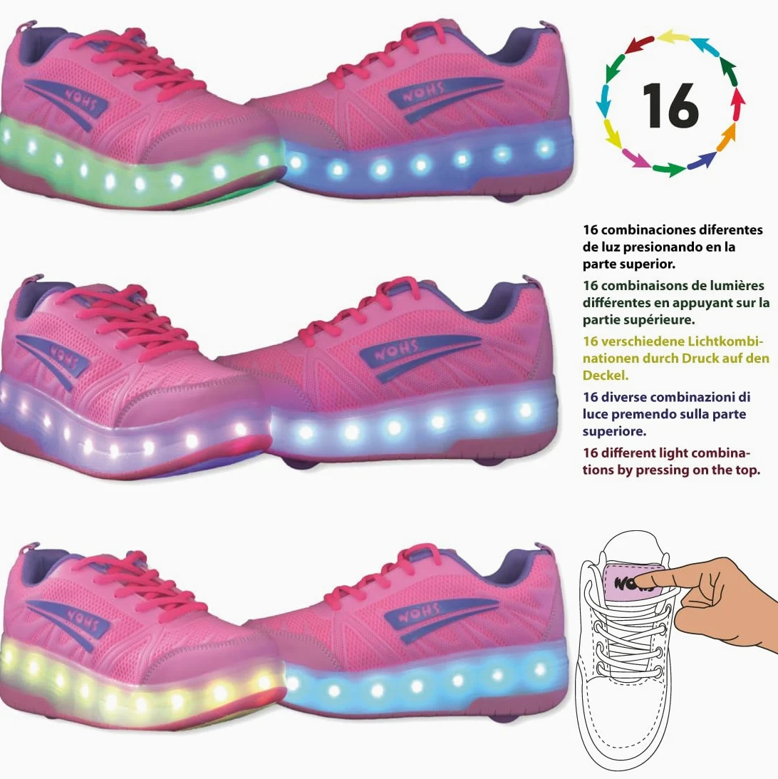 Zapatillas Deportivas con Dos Ruedas y Luces LED. Recargables, 16 Efectos de Luces LED. Rueda Trasera automática. Rosa/Lila. Talla 35