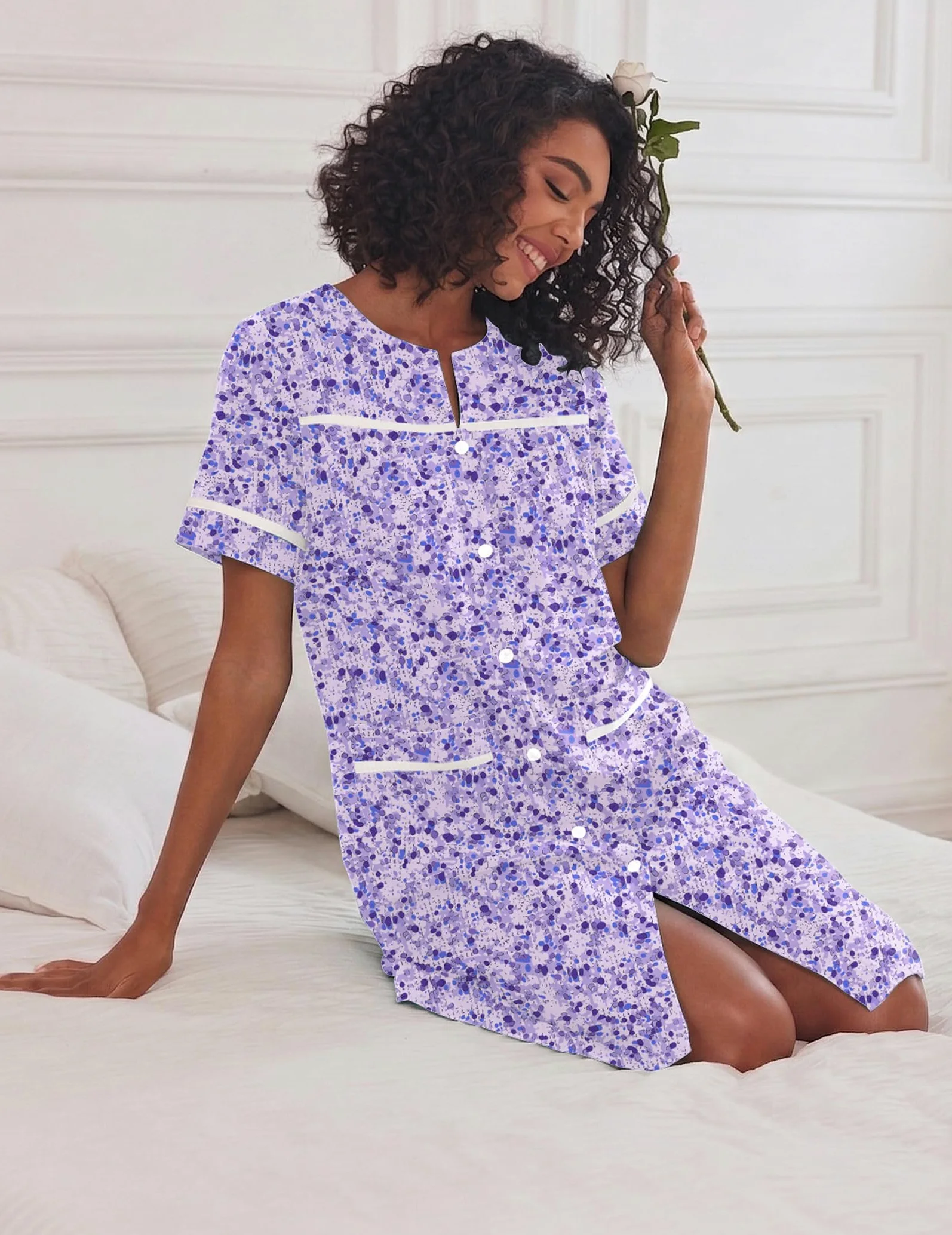 Ekouaer Camisones para mujer, vestido de casa con bolsillos, con botones, abrigo de casa, de manga corta, vestidos de noche, plumero, Moo Moos