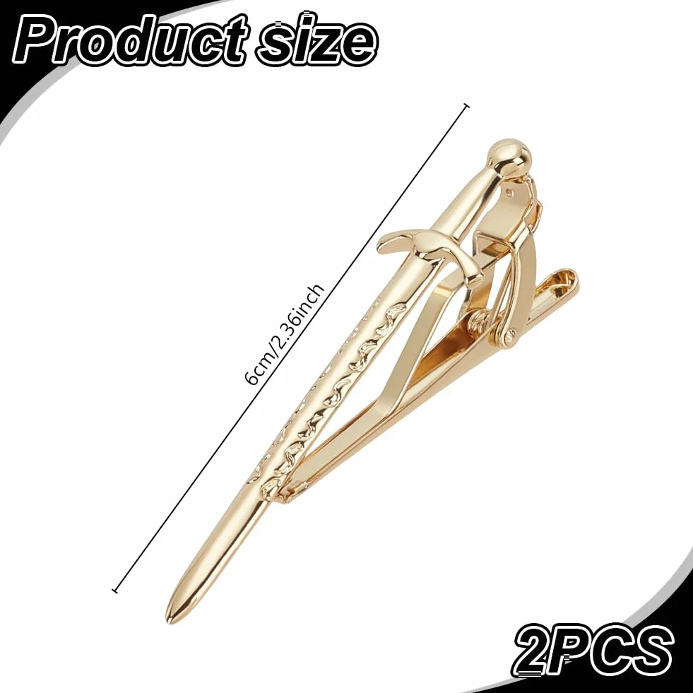 WEBEEDY 2 clips de corbata dorados con espada para hombre, accesorios de corbata para camisa, novio de boda, negocios, regalo único para caballeros, 6 cm de longitud, 6cm, Metal, No es una piedra