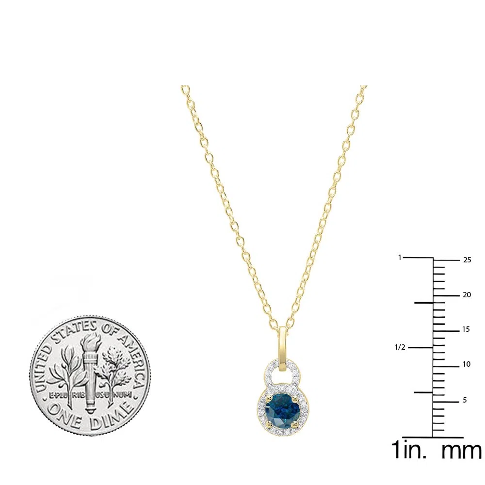 18 K amarillo oro 5 mm redondo Gemstone y blanco Diamond Ladies Halo colgante (cadena de oro incluido)