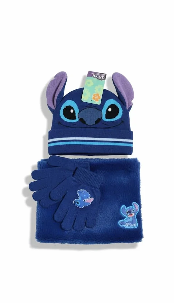 Conjunto de Invierno Stitch 3 Piezas, Gorro con Orejas, Guantes y Braga de Cuello, Interior Coralina, Diseño Bordado, Azul