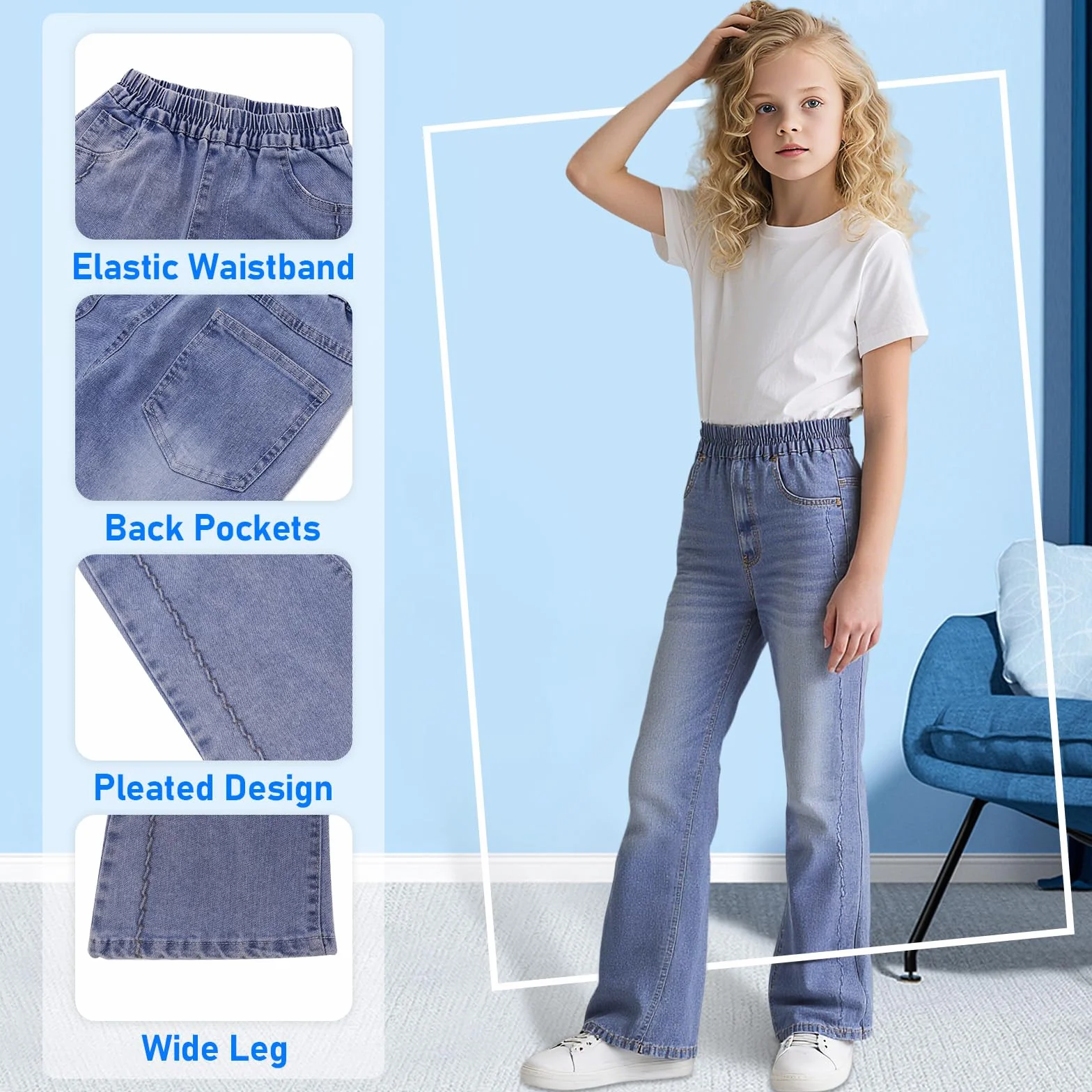 Vaqueros para Niñas, Baggy Cintura Elástica Denim Jeans Pierna Ancha Pantalones Azul Largo Jean con Bolsillos Casuales Moda Streetwear Junior Ropa Infantil Pants para 6-15 años