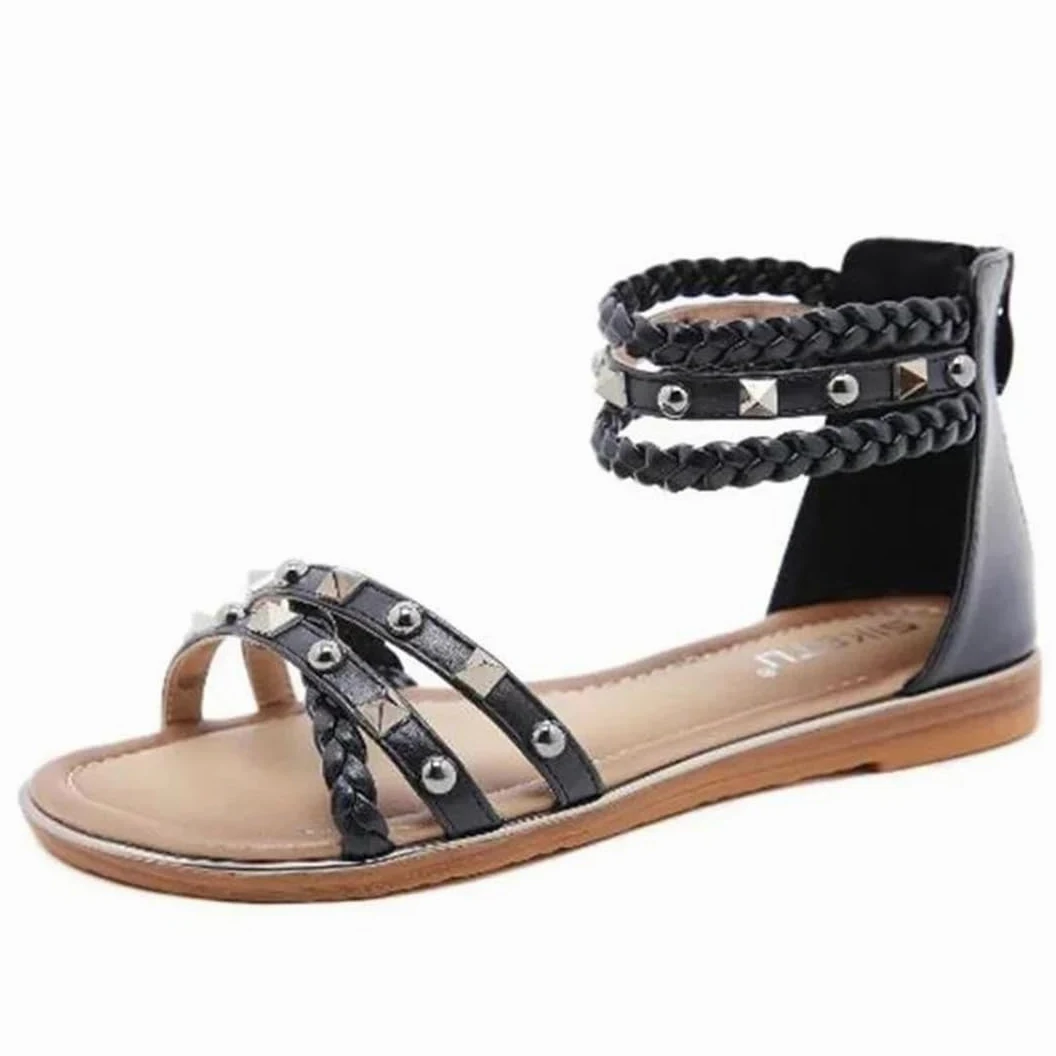 Sandalias étnicas con banda elástica para mujer, con correa de tobillo, tacón plano, con parte lateral abierta, estilo étnico, con remache superior, tejidas, retro, romanas, informales, de verano
