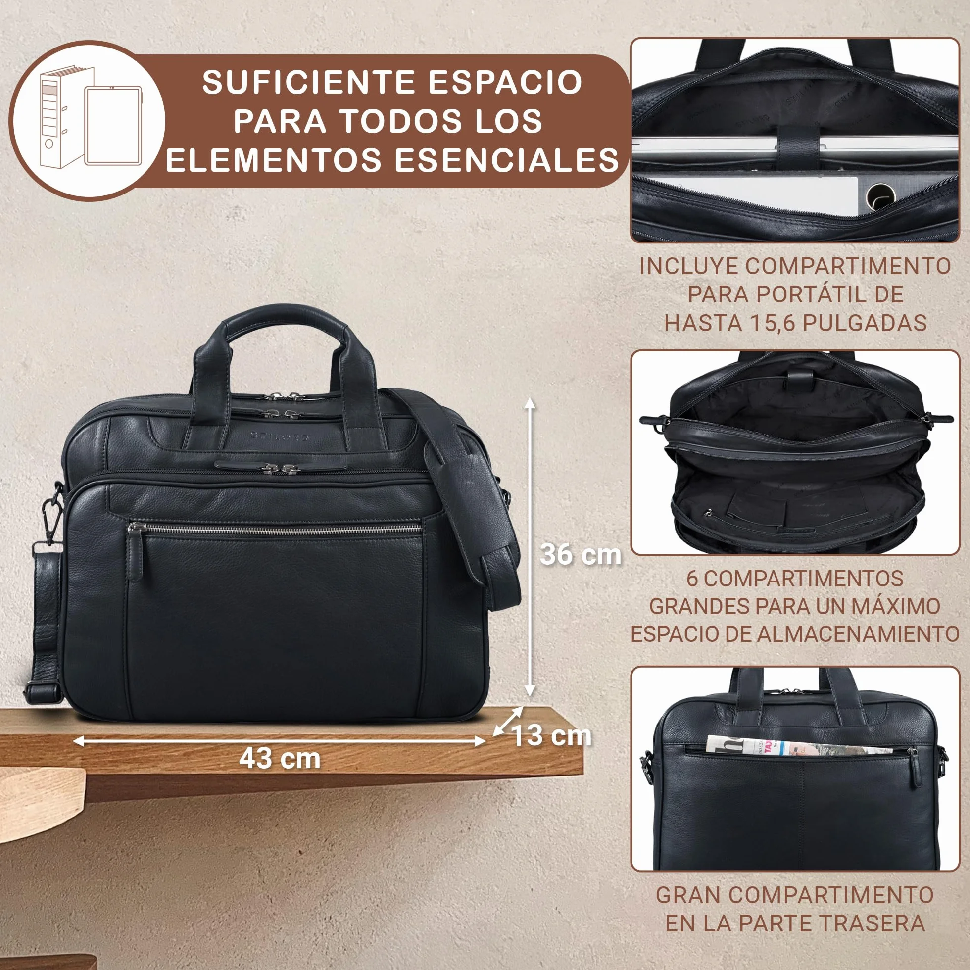 STILORD Maletín de Cuero para Hombre Cognac - Gran Bolso para Portátil de 15,6 Pulgadas - Bolso de Hombro Vintage de Cuero de Vaca Nelson