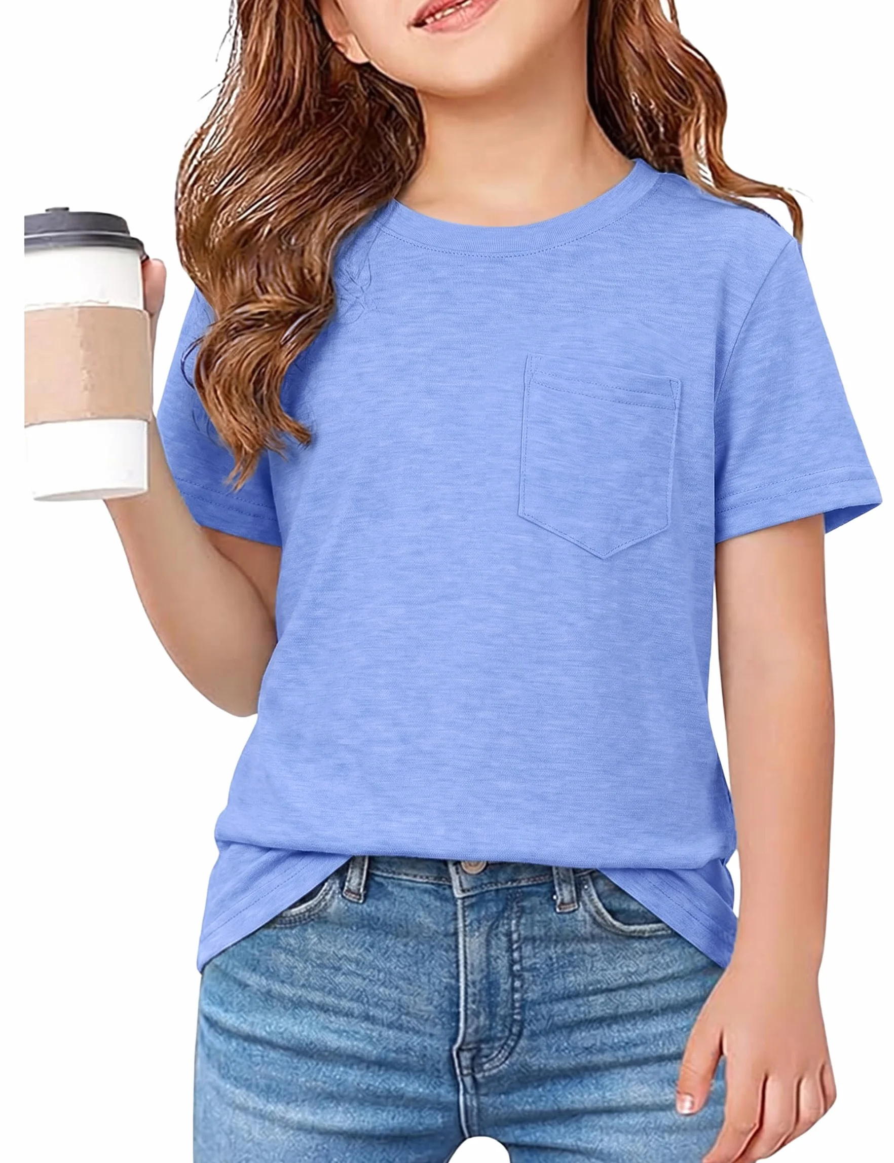 Camiseta de verano para niña, manga corta, básica, cuello redondo, color liso, con bolsillos, camiseta para niñas de 6 a 15 años