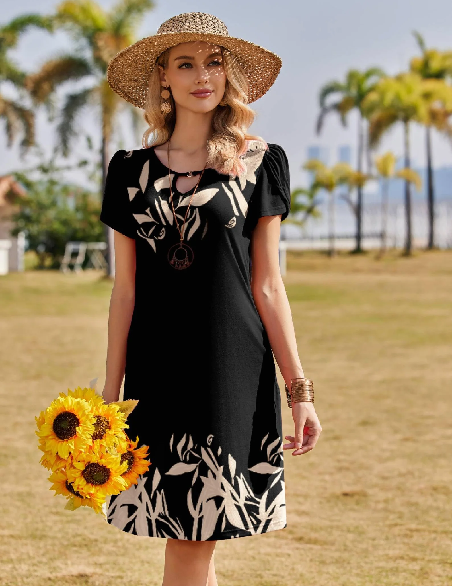 Zeagoo Vestido casual acampanado para mujer manga corta floral con bolsillos tallas S-XXL
