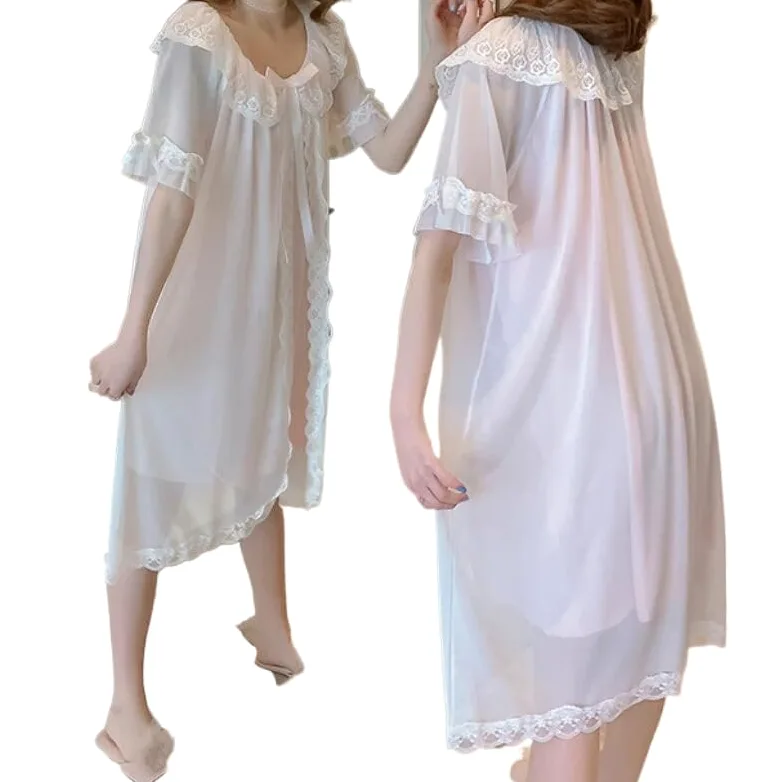 OFFSUM Camisón De Pijama De Mujer - Moda Encaje Bordado Cuello Redondo Ropa De Dormir Color Sólido Princesa Estilo Francés Tamaño Grande Lencería Casual Albornoz,Rosado,XL