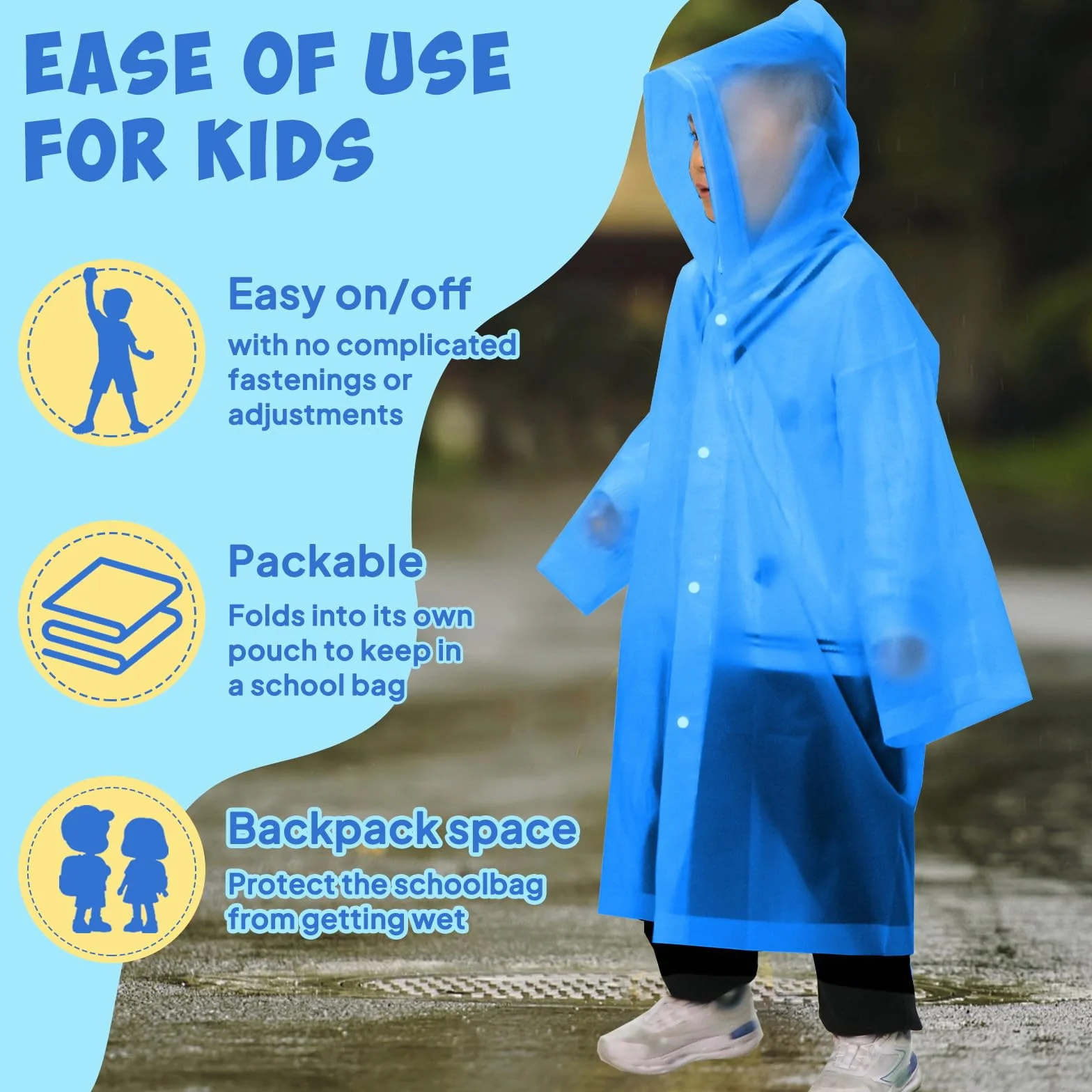 ANYOO Poncho de lluvia para niños con capucha, impermeable, ligero, reutilizable, para niños y niñas, para viajes de al aire libre, 110-150