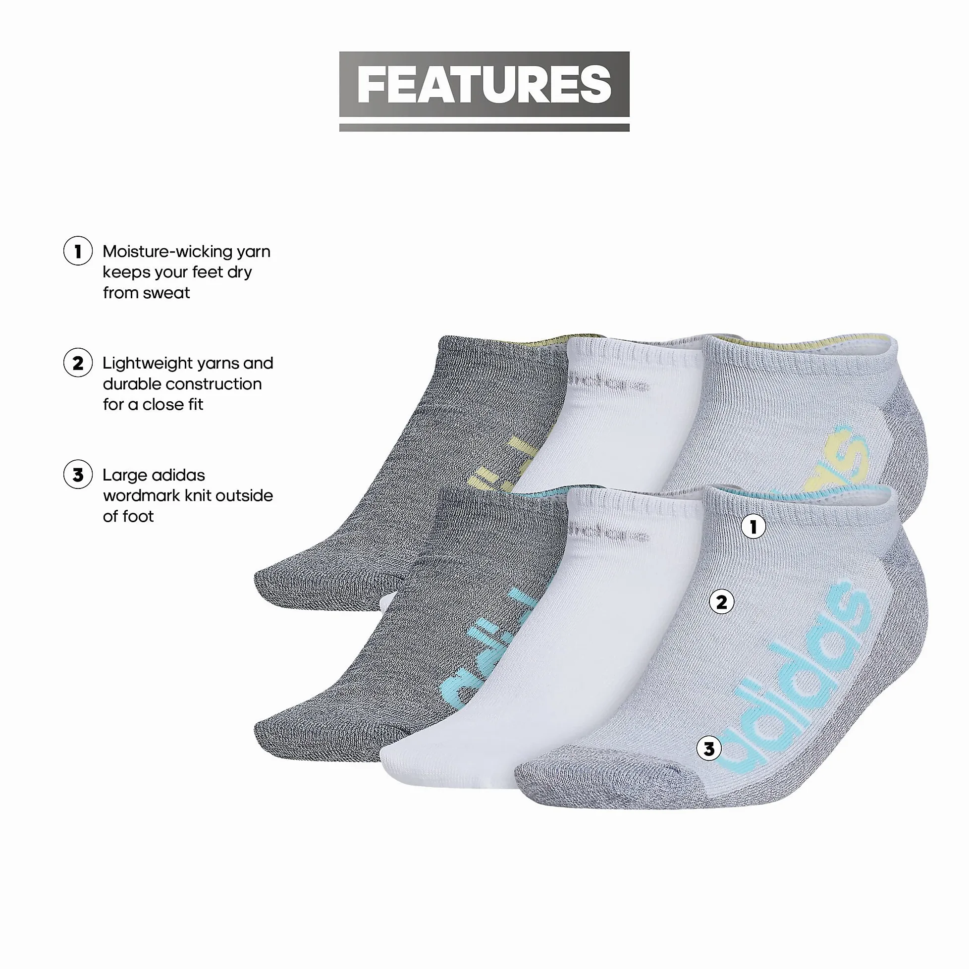 adidas womens Superlite Linear 3.0 No Show Socks (6-Pair), Grey/Bliss Blue/White, Medium