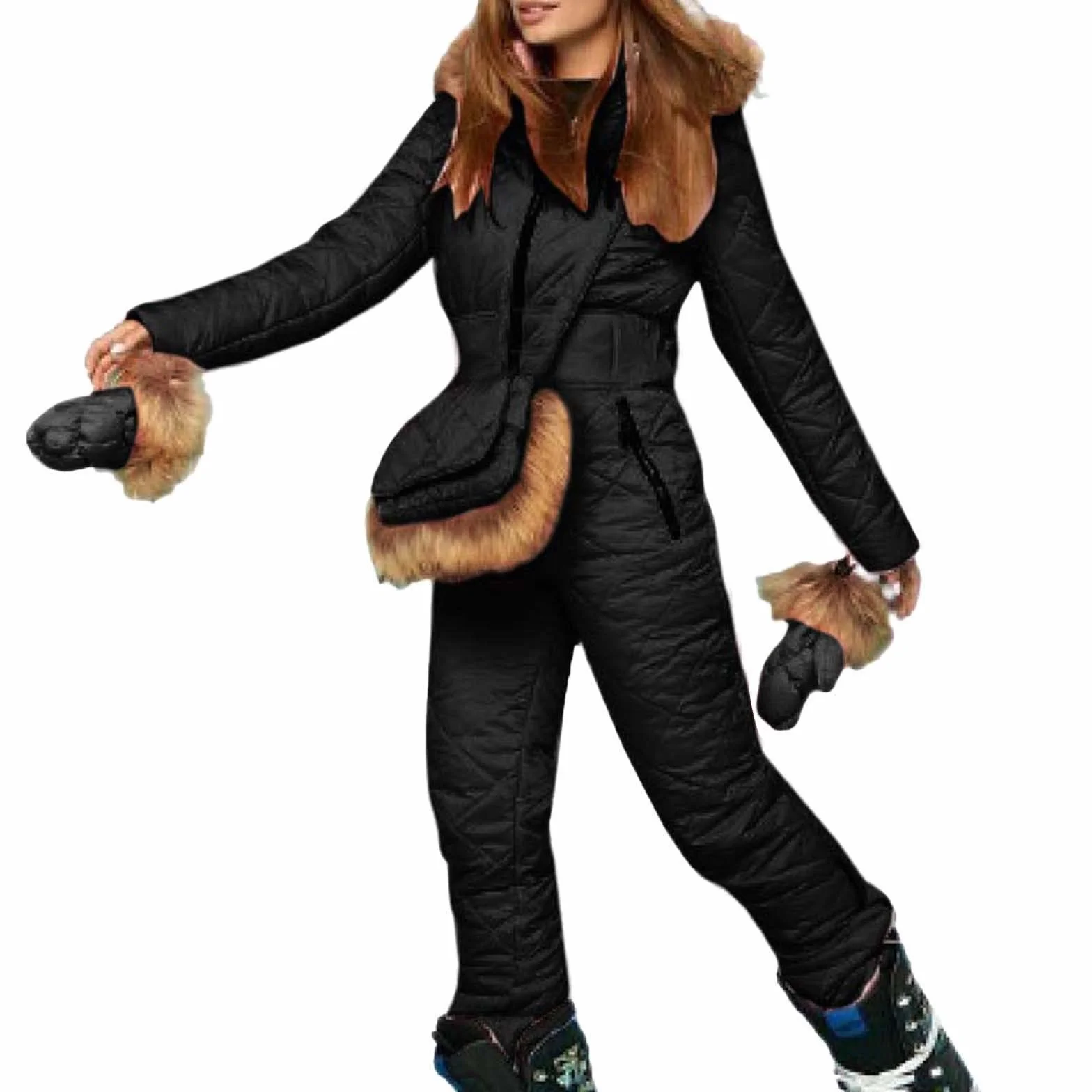 Traje de esquí para mujer impermeable térmico con capucha, mono largo de nieve