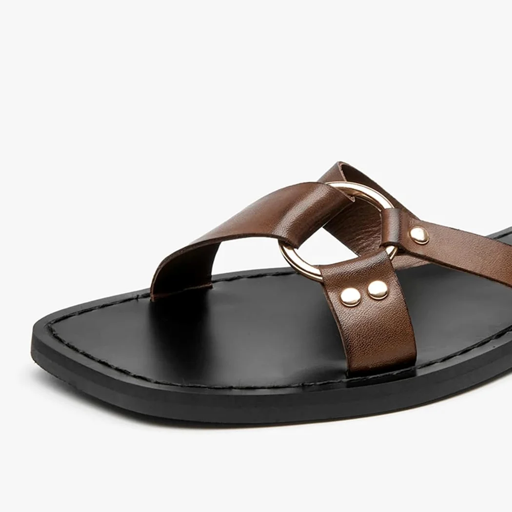 Sandalias básicas de piel de vacuno con hebilla y correa al tobillo para mujer, tacón plano, estilo casual, para verano, Brown, 40.5 EU