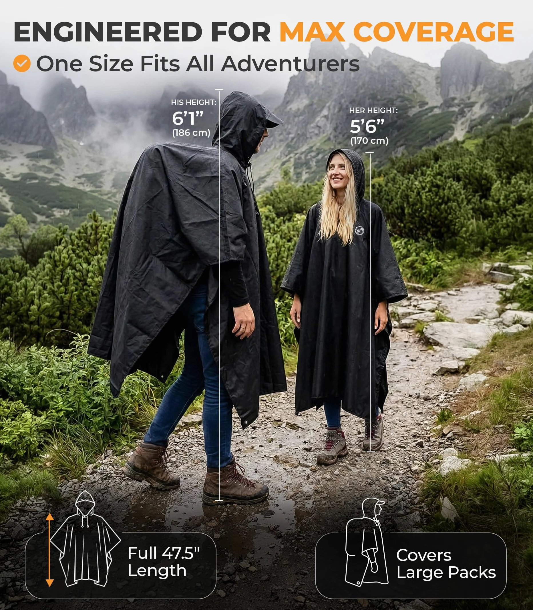 Foxelli Poncho de lluvia con capucha para adultos – Chubasquero impermeable, reutilizable, extra largo, para hombre y mujer, equipo ligero, negro, talla única, Negro , Talla única