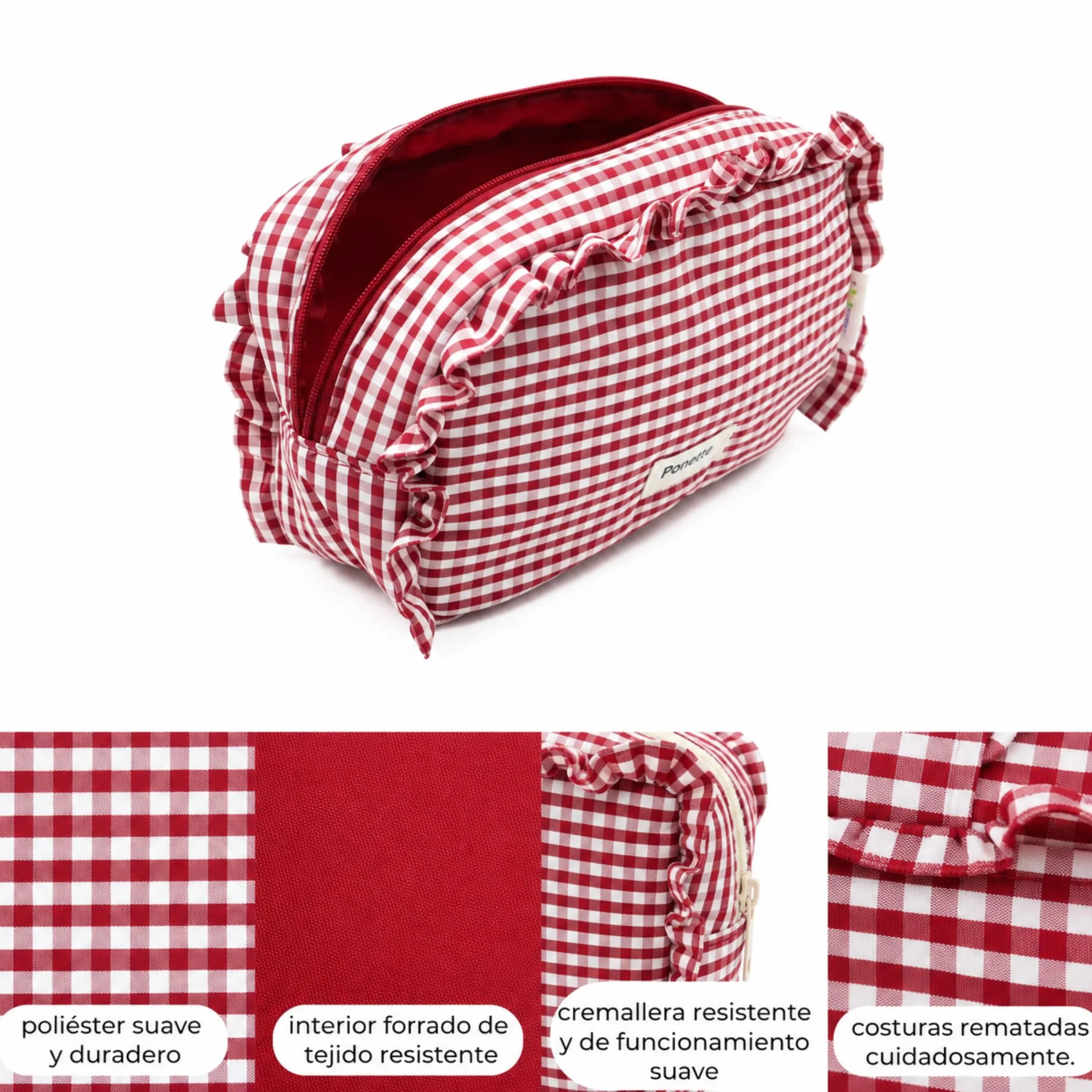 PONETTE - Neceser Mujer A Lo Loco, Vichy Cuadro Rojo, Chica, Estilo, Divertido, Juvenil, Bolsa de Aseo, Viaje, Tocador, Estuche, Marca Española