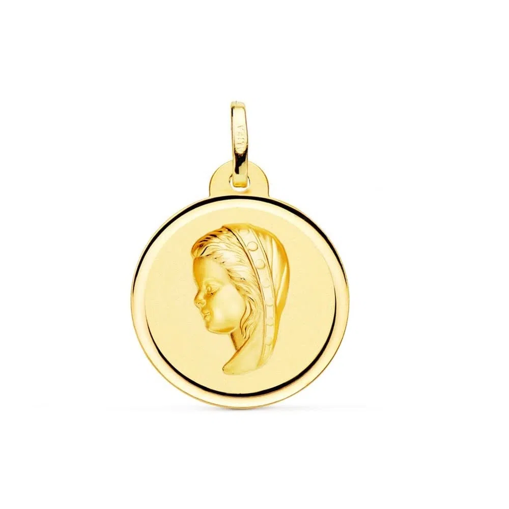 Virgen Niña medalla oro 18k Primera Comunión colgante 16mm. bisel liso - Personalizable - GRABACIÓN INCLUIDA EN EL PRECIO