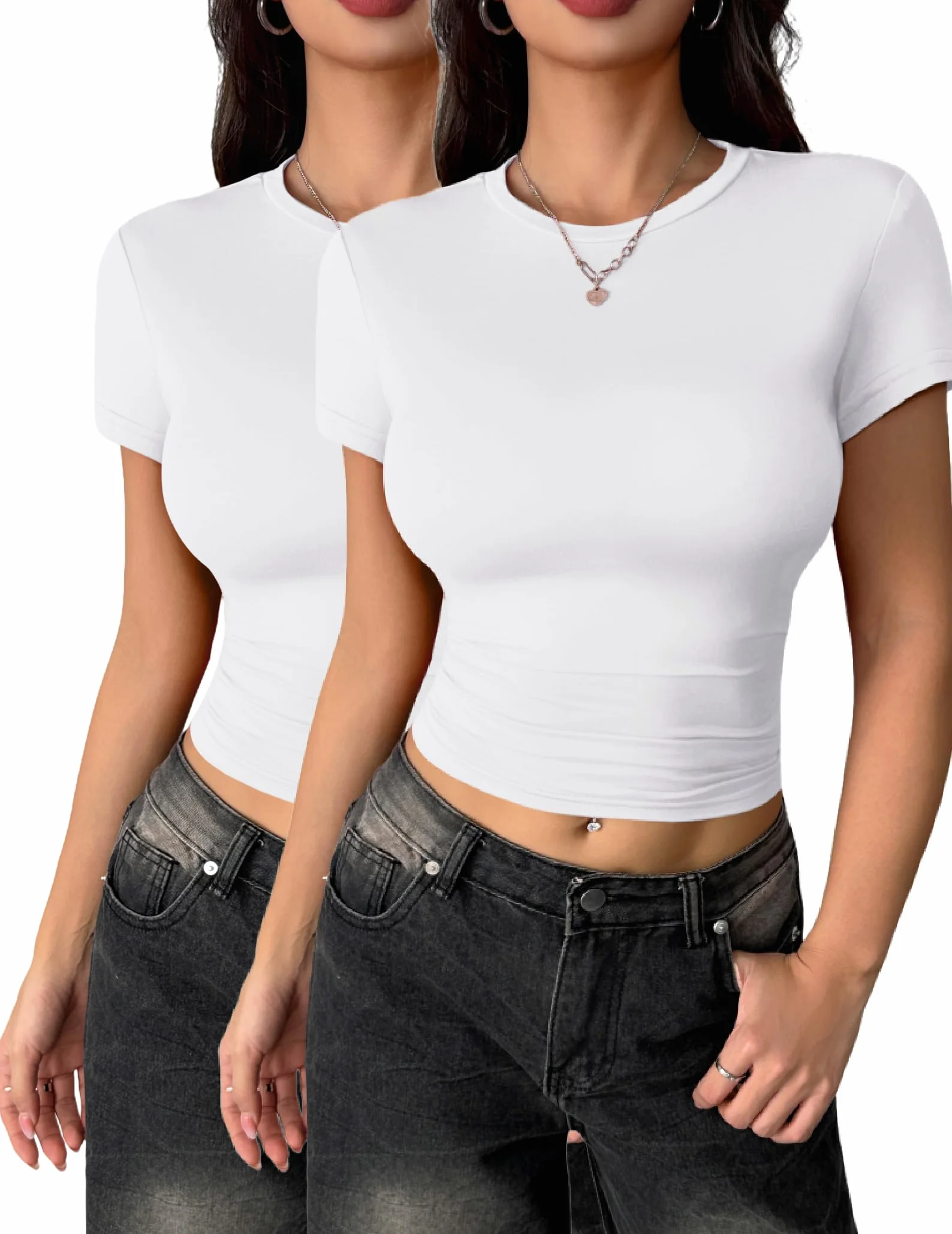 Zeagoo Camiseta Manga Corta Mujer Ajustada Basica Camisetas Cuello Redondo Corta Top Verano Sólido T Shirt Casual Elástico Tops XS-XL