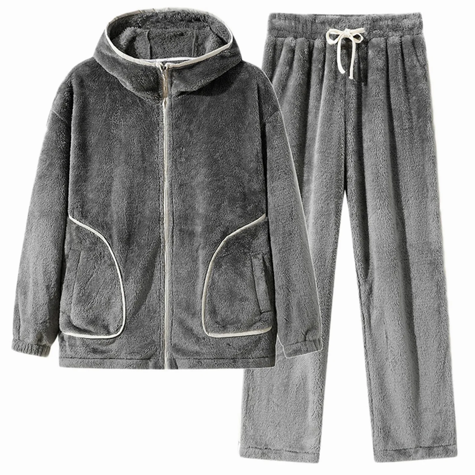 Generisch Pijama de dos piezas para hombre, de forro polar, chaqueta con capucha y pantalones de pijama, traje de casa con bolsillo, ropa de dormir gruesa y cálida, traje de ocio suave, ropa de dormir