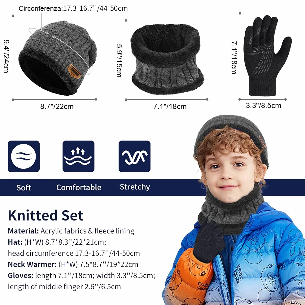 Niño Gorra Bufanda Guante Set - Tejer Lana Polar Calentador Cuello Capa Pantalla Táctil Mitones Suave Invierno Disfraz Correr Moto Bici Fútbol Deporte Frío Esqui Nieve Frozen Snowboard Navidad Año5-10