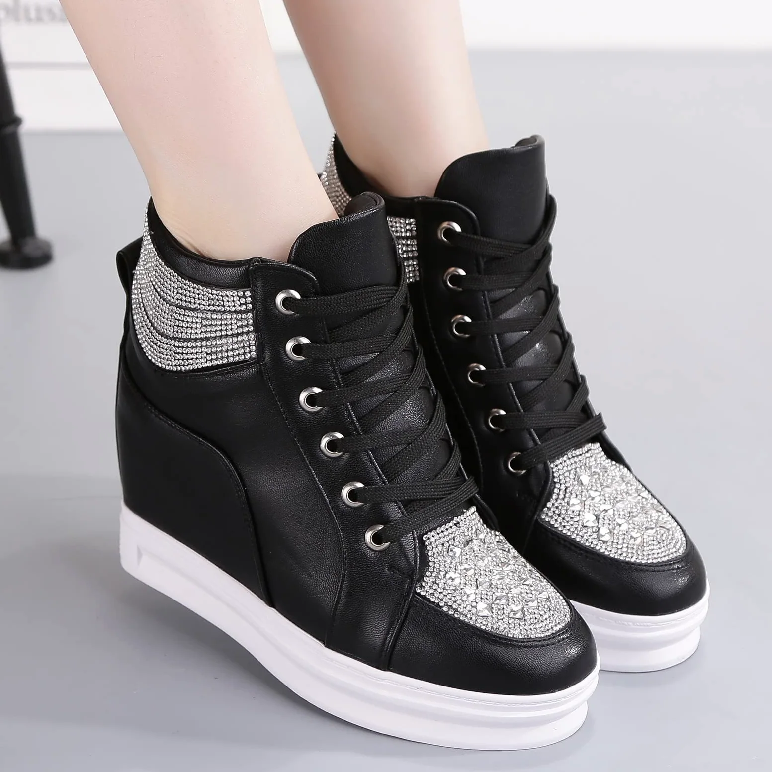 rismart Plataforma Botines Mujer Brillantina High-Top Moda Cuñas Zapatillas con Cordones
