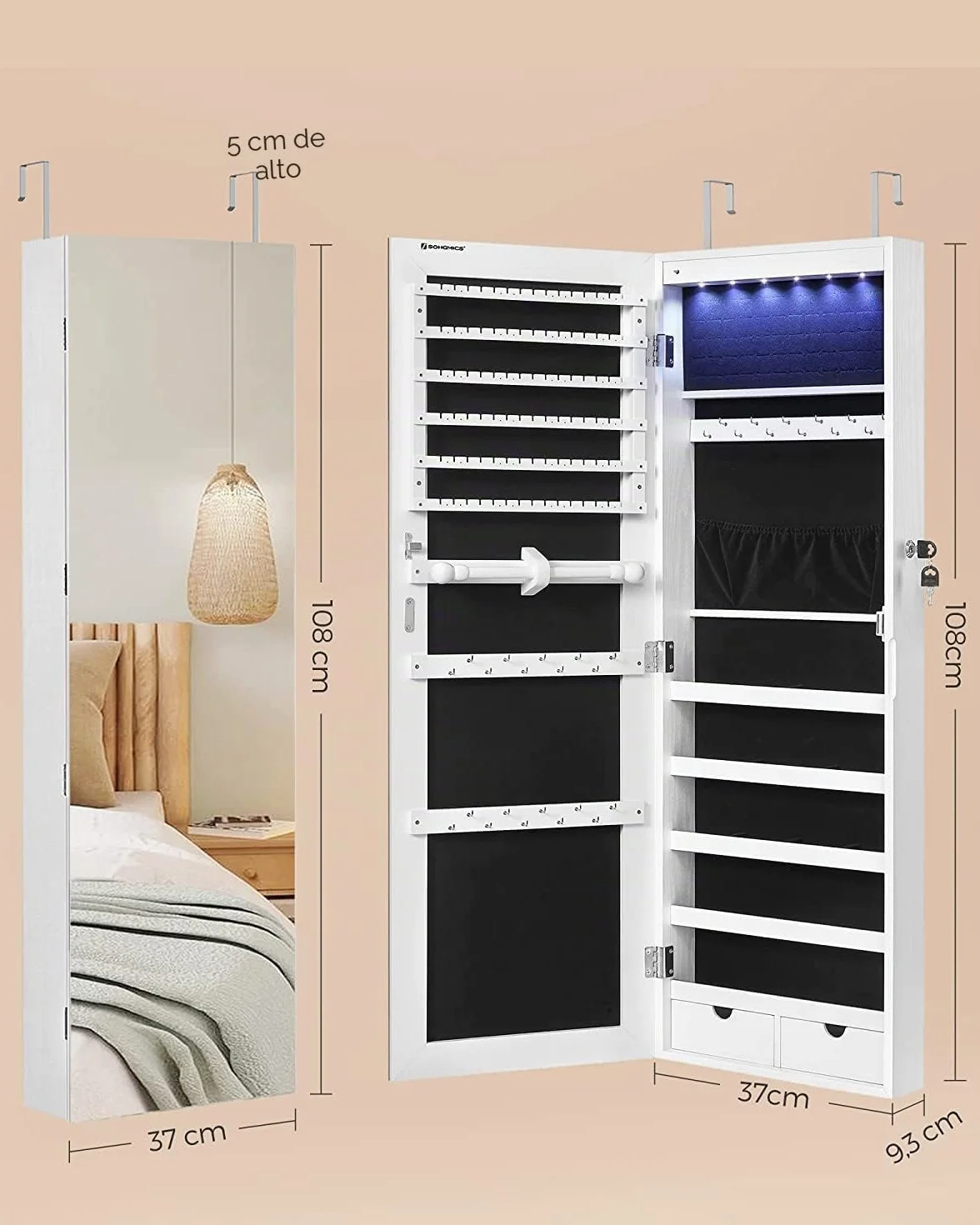 SONGMICS Espejo Joyero de Pared, Espejo Joyero Colgante sin Marco, Armario de Joyas con 6 LEDs para Colgar en la Pared o en la Puerta, Gran Capacidad con 2 Cajones, Blanco JJC99WT