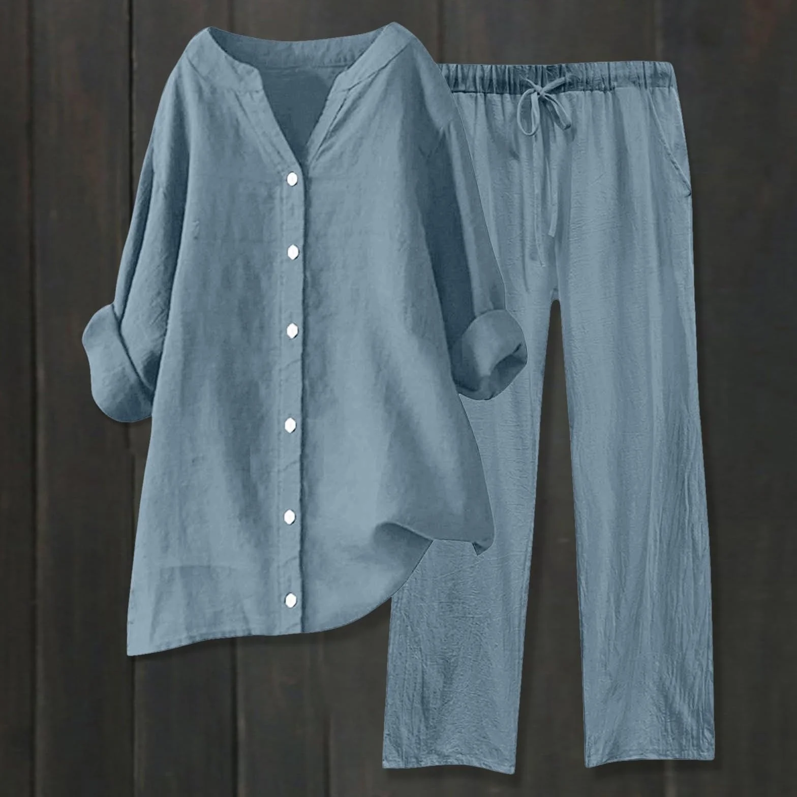 Conjunto Lino Mujer Elegante Dos Piezas Traje de Primavera Camisa Manga Larga con Botones y Pantalones Largo Piernas Anchas Chándal Ropa de Casa Casuale Color Sólido