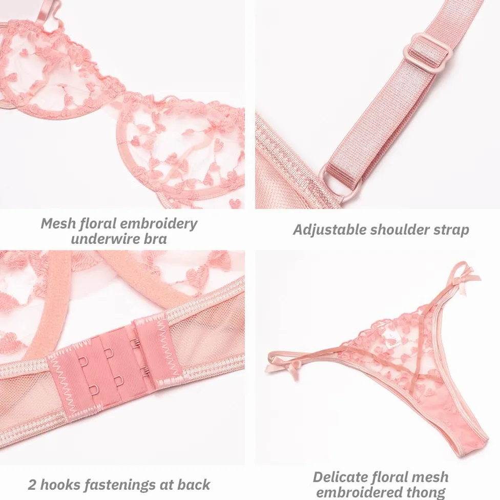 Conjunto de lencería Sexy de 2 Piezas para Mujer con Bordado Floral de corazón, Sujetador con Aros de Media Copa y Tanga, Sujetador Transparente de Malla para Mujer, Tanga a Juego, Bragas, Conjuntos
