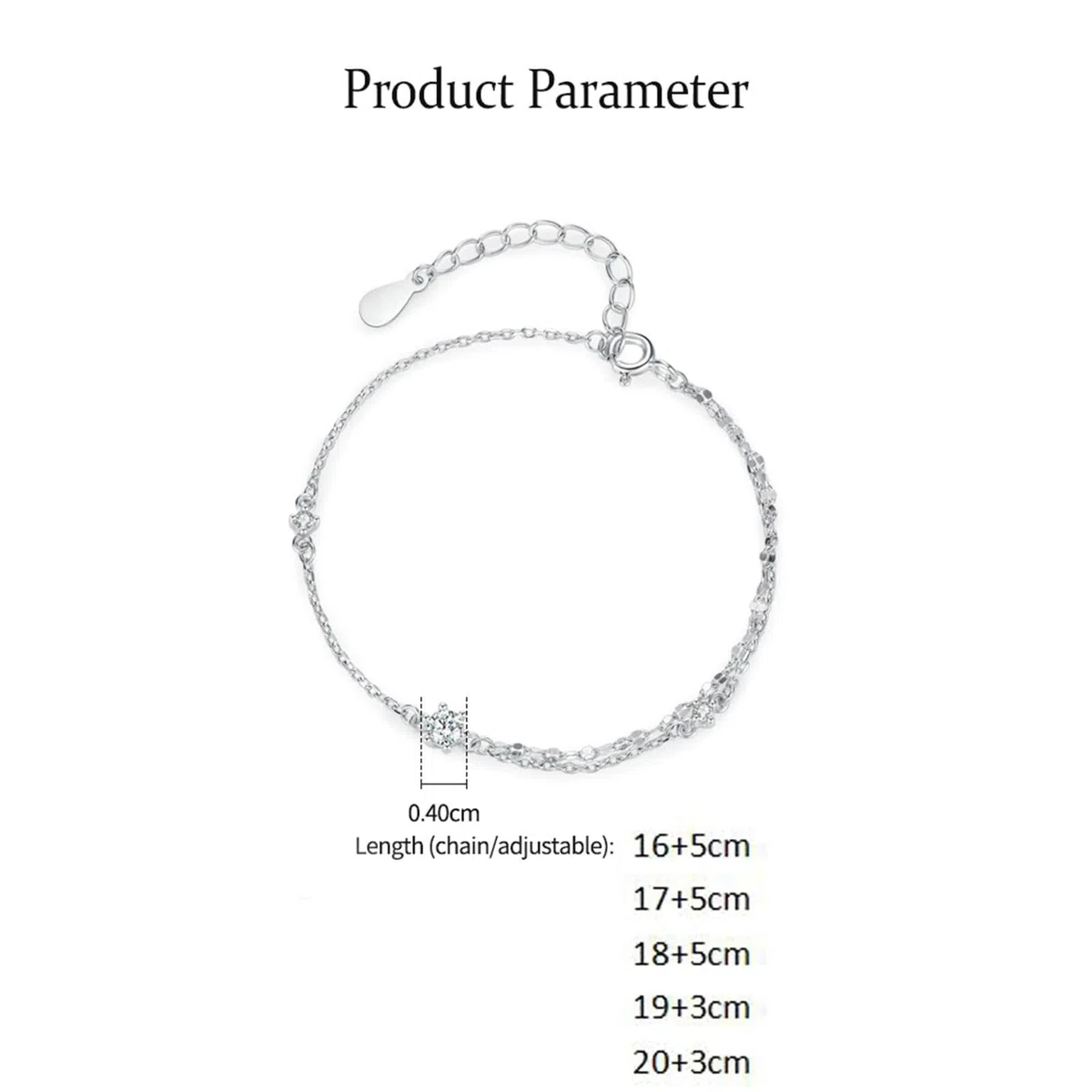 Pulsera de promesa, pulseras de joyería de una sola cara, cadena de doble capa con moissanita, plata, platino, 20 + 3 cm