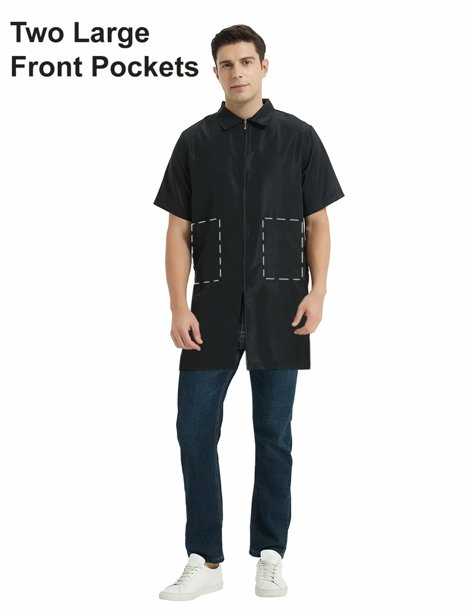 TOPTIE Chaqueta de Barbero Manga Corta Hombre Ropa Trabajo Uniformes Peluquería Camisa Negra Cremallera Bolsillos Corte Holgado