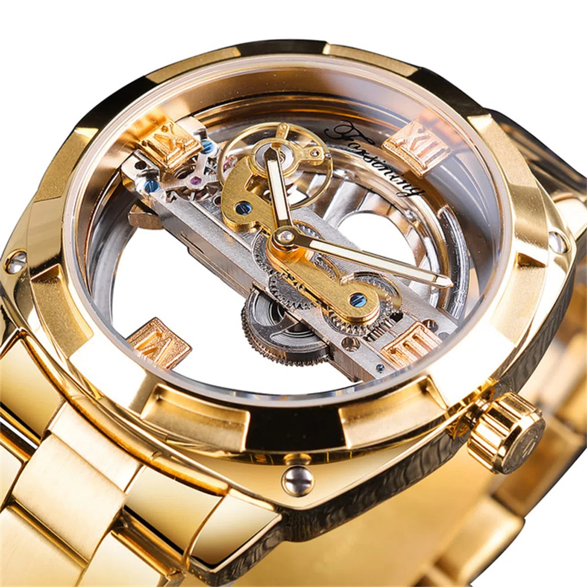 FORSINING Reloj de pulsera para hombre, esfera transparente, automático, clásico, mecánico, acero inoxidable, resistente al agua, dorado, pulsera