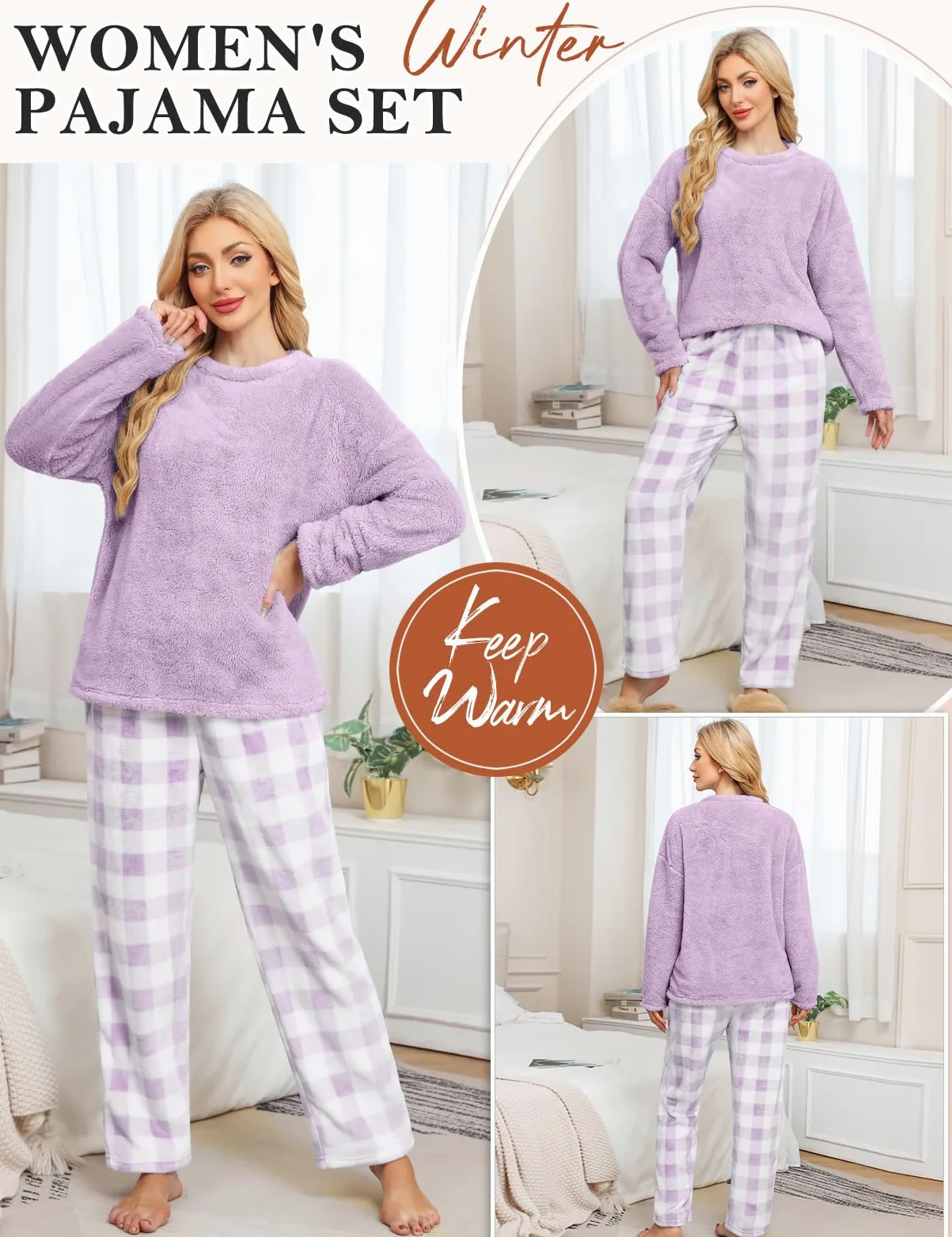 Niwicee Pijama para Mujer Invierno Conjunto de Pijama Forro Polar Super Suave Ropa de Dormir 2 Piezas Damas Ropa de Noche Manga Larga cálida y Pantalones Largos con Bolsillo Pijama para Navidad