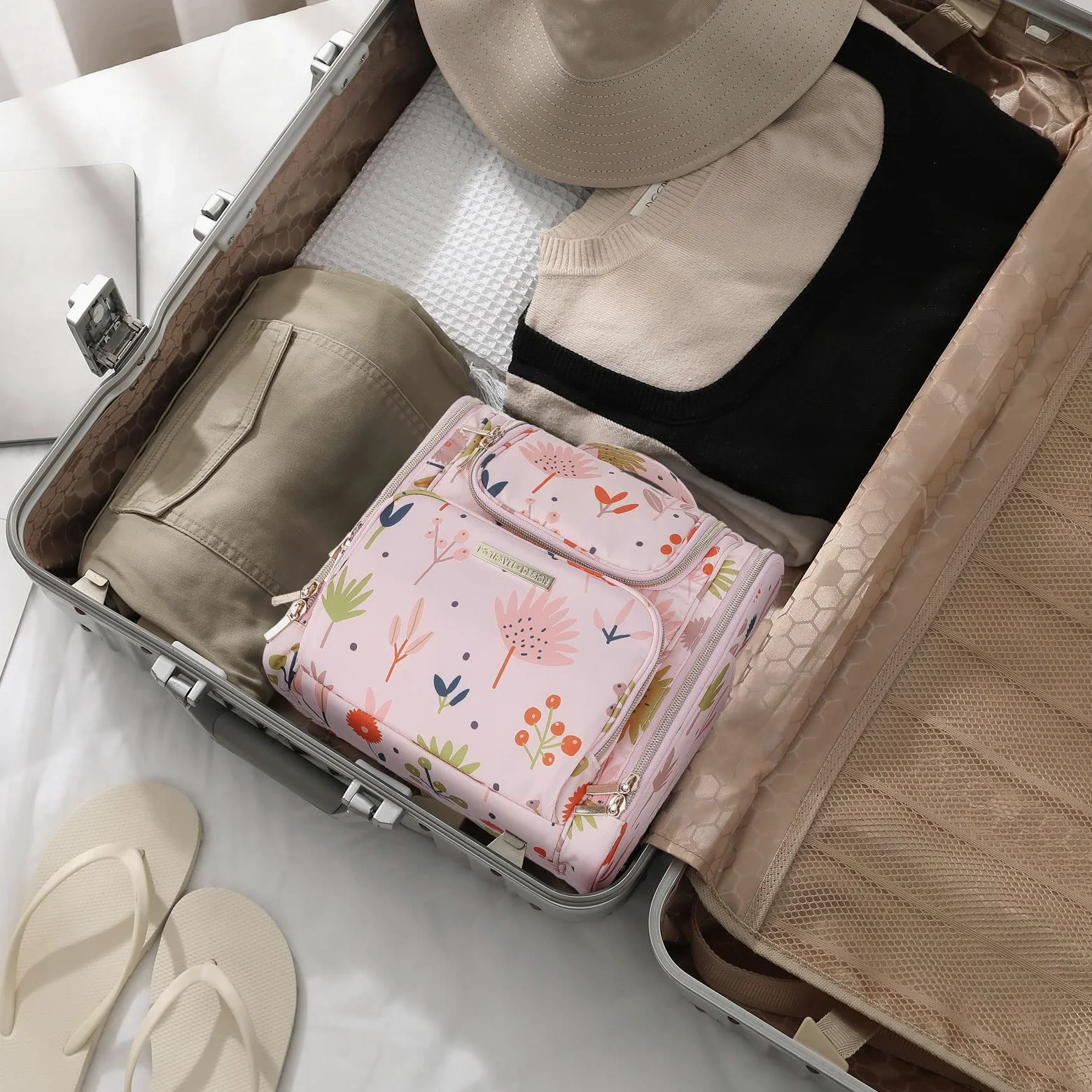 Bolsas de Aseo para Mujeres y Niñas, Lychii Neceser de Viaje con Colgar Gancho, Impermeable Organizador de Cosméticos - Floral