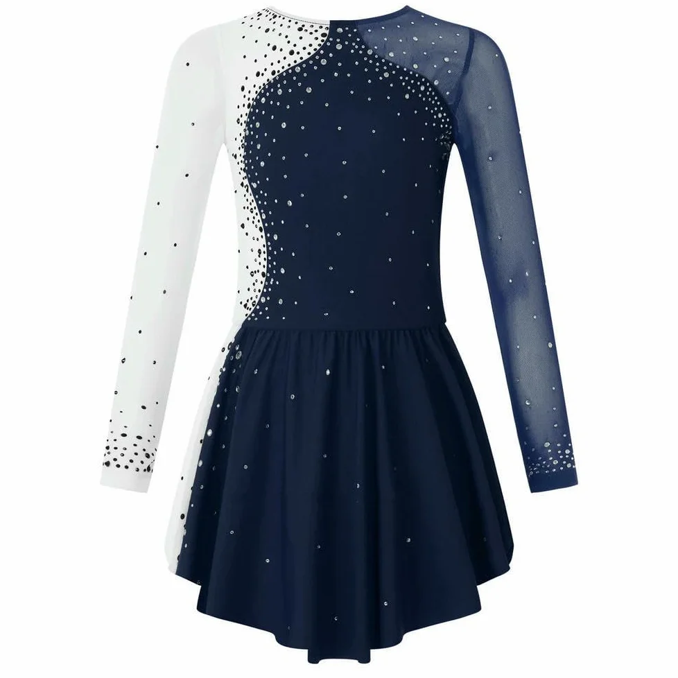 QXDZSW - Vestido de patinaje artístico para niñas, manga larga, con diamantes de imitación, vestido de gimnasia, leotardo, ballet, danza, actuación