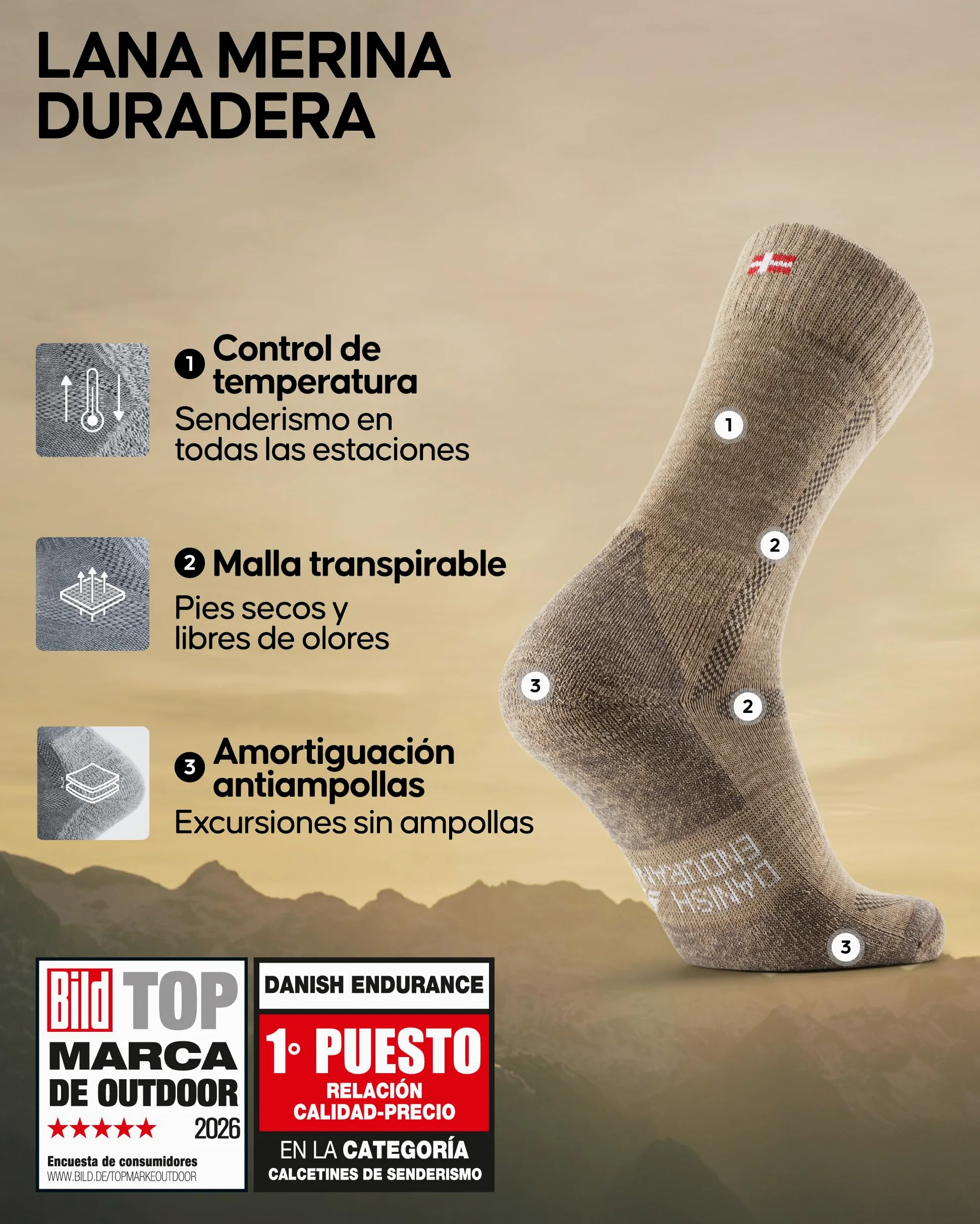 DANISH ENDURANCE Calcetines Senderismo Lana, 3 y 5 Pack Beige 39-42 | Calcetines de Senderismo de Lana Merino, Cálidos y Acolchados Contra Ampollas, para Trekking y Largas Jornadas, Unisex